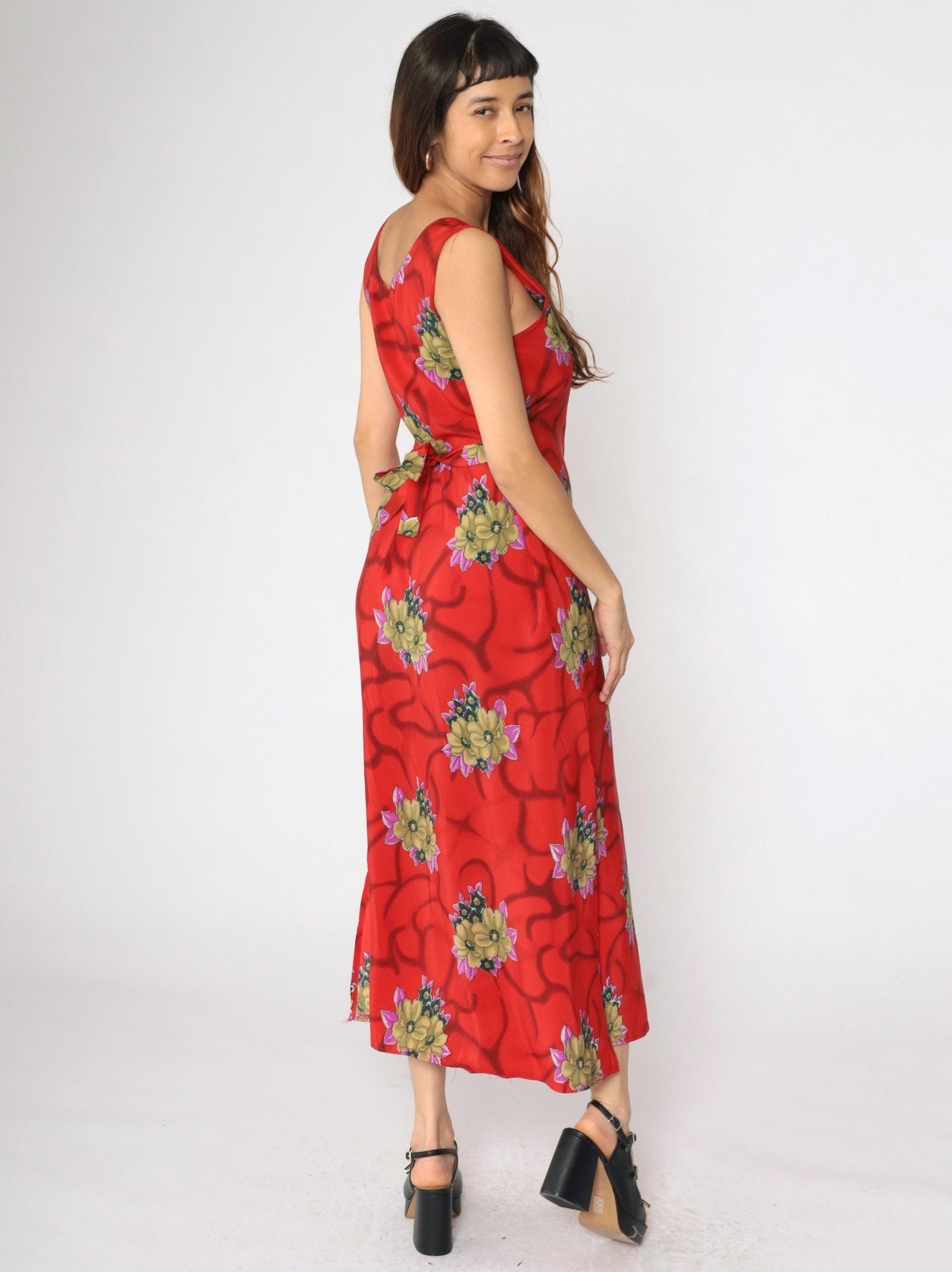 90s Red Floral Maxi Dress Sleeveless Scoop Neck Small S
