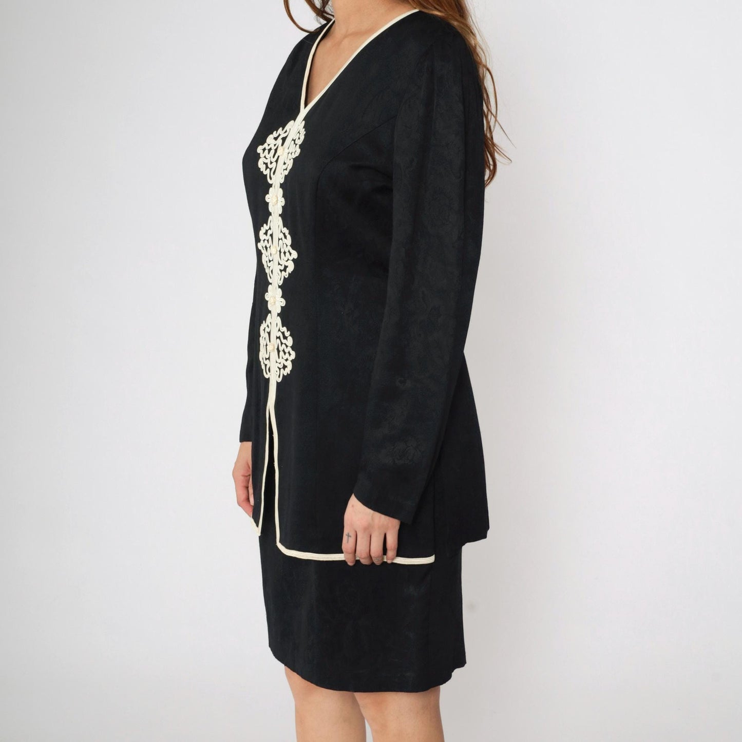 90s Black Mini Dress with Soutache Trim and Attached Jacket Small 6