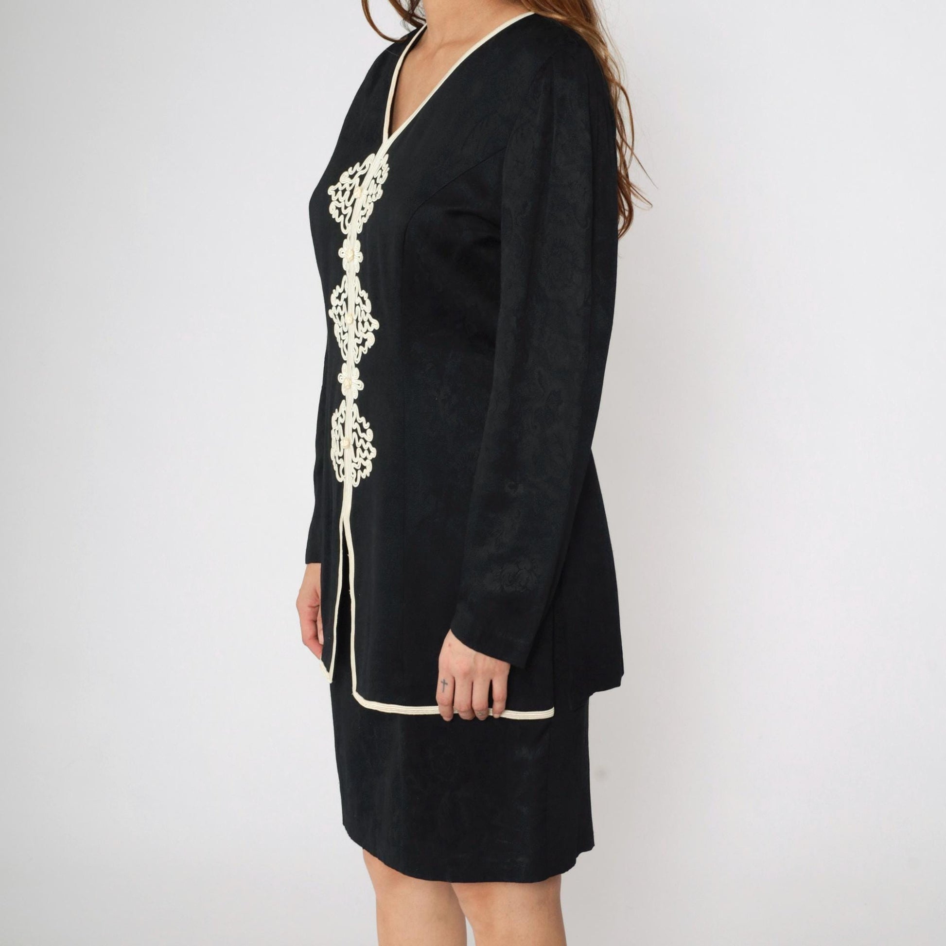 90s Black Mini Dress with Soutache Trim and Attached Jacket Small 6