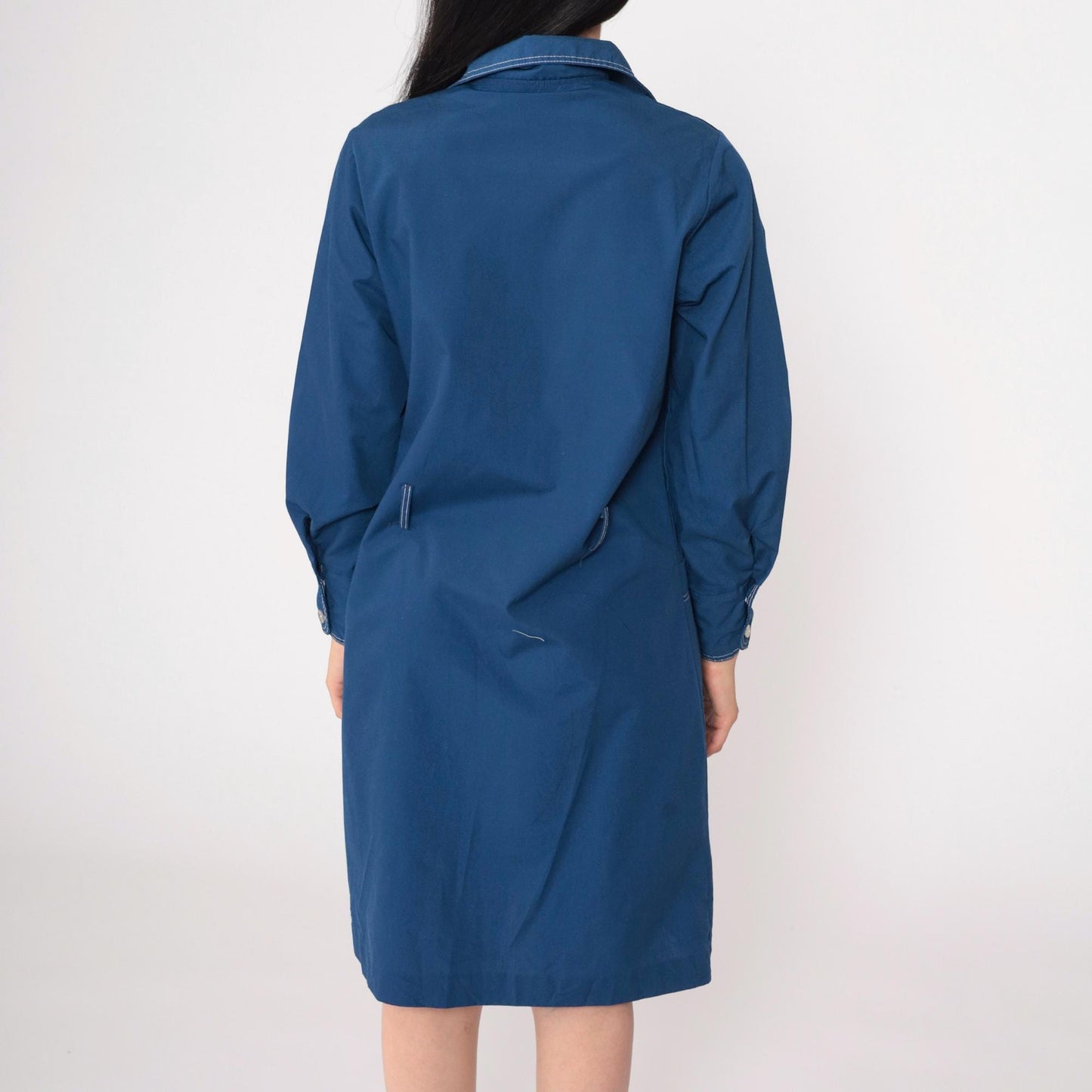 70s Dark Blue Dagger Collar Shift Dress Button-Up Long Sleeve Medium