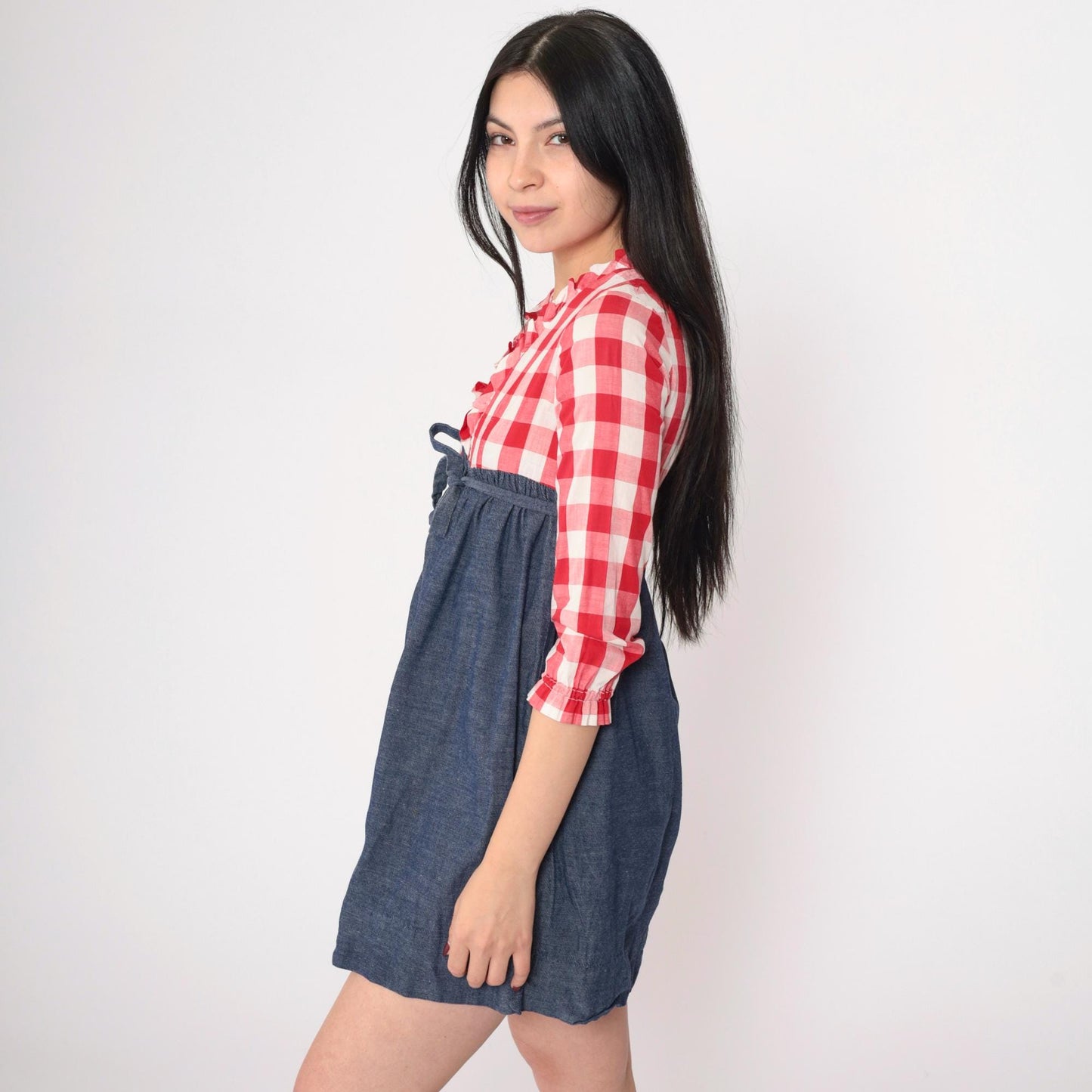 70s Babydoll Mini Dress Red Buffalo Plaid Empire Waist Ruffled Neckline XS