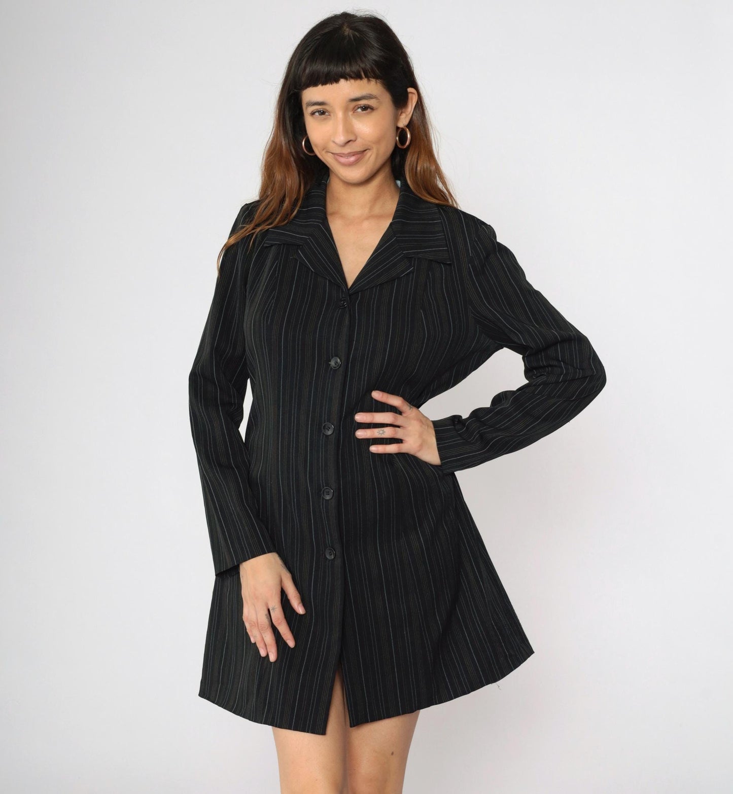 90s Black Pinstripe Jacket Dress Suits Us Collared Button-Front Medium