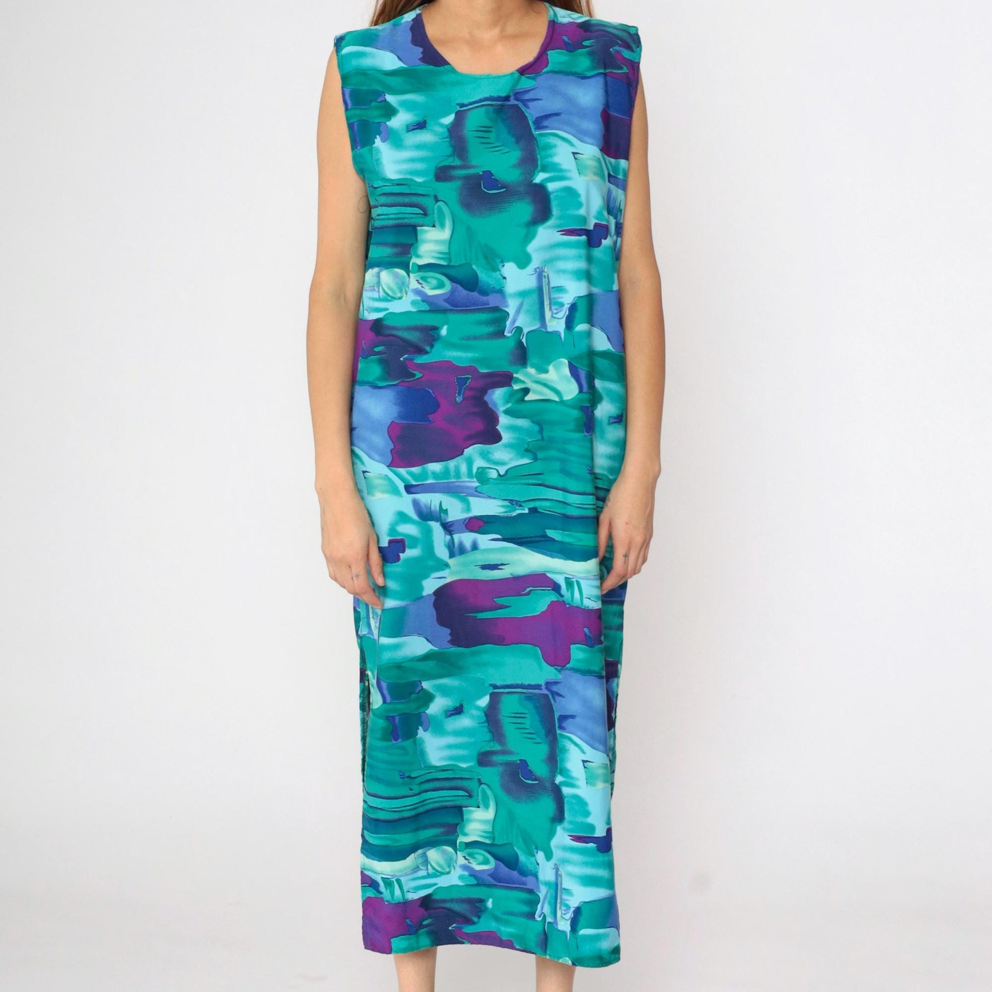 90s Abstract Watercolour Sundress Turquoise Purple Maxi Side Slit Large