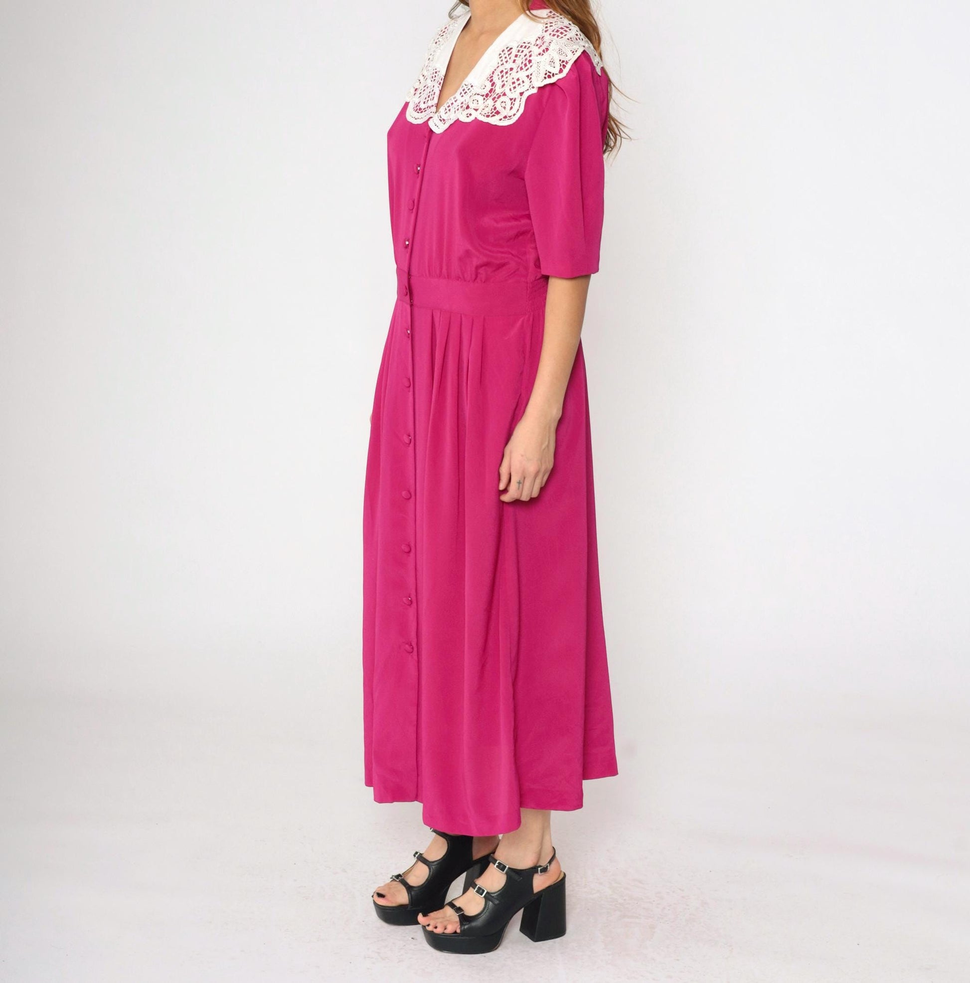 80s Fuchsia Pearl Beaded Lace Collar Button-Up Dress Puff Sleeve Ankle Length Medium