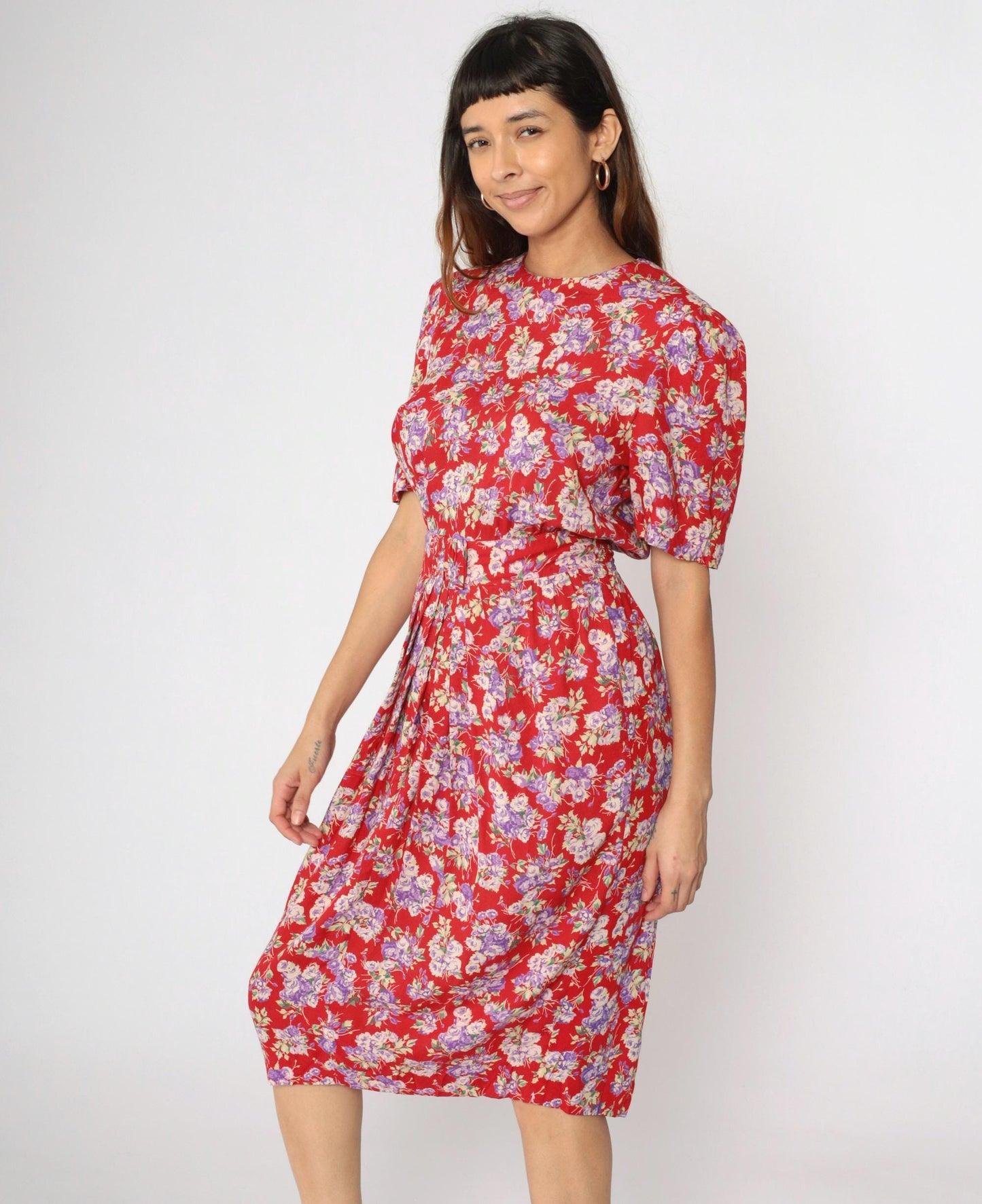 90s Karin Stevens Floral Midi Dress Red Puff Sleeve High Waist Medium 8