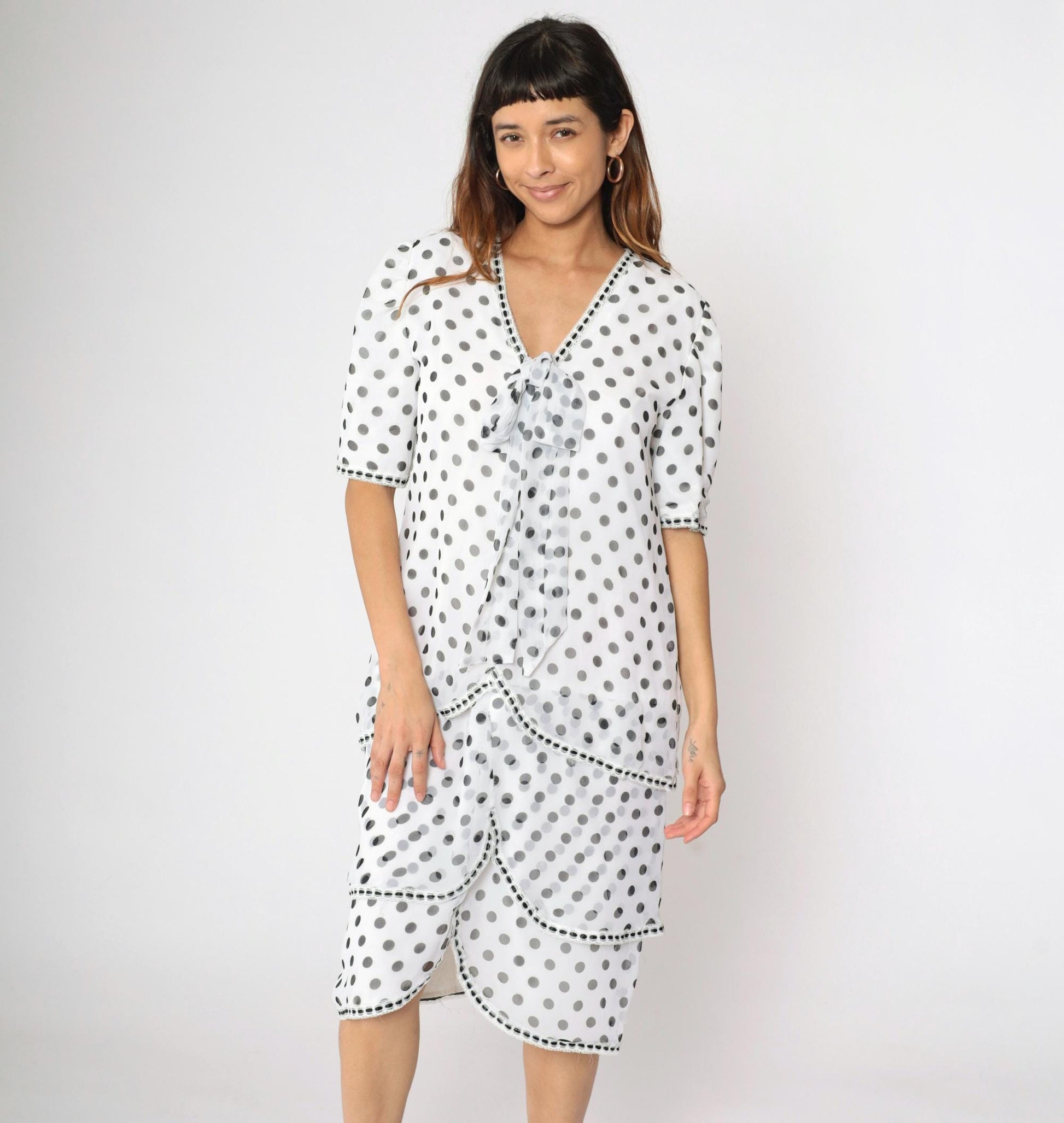 80s White Polka Dot Chiffon Midi Dress Puff Sleeve Ascot Bow Medium