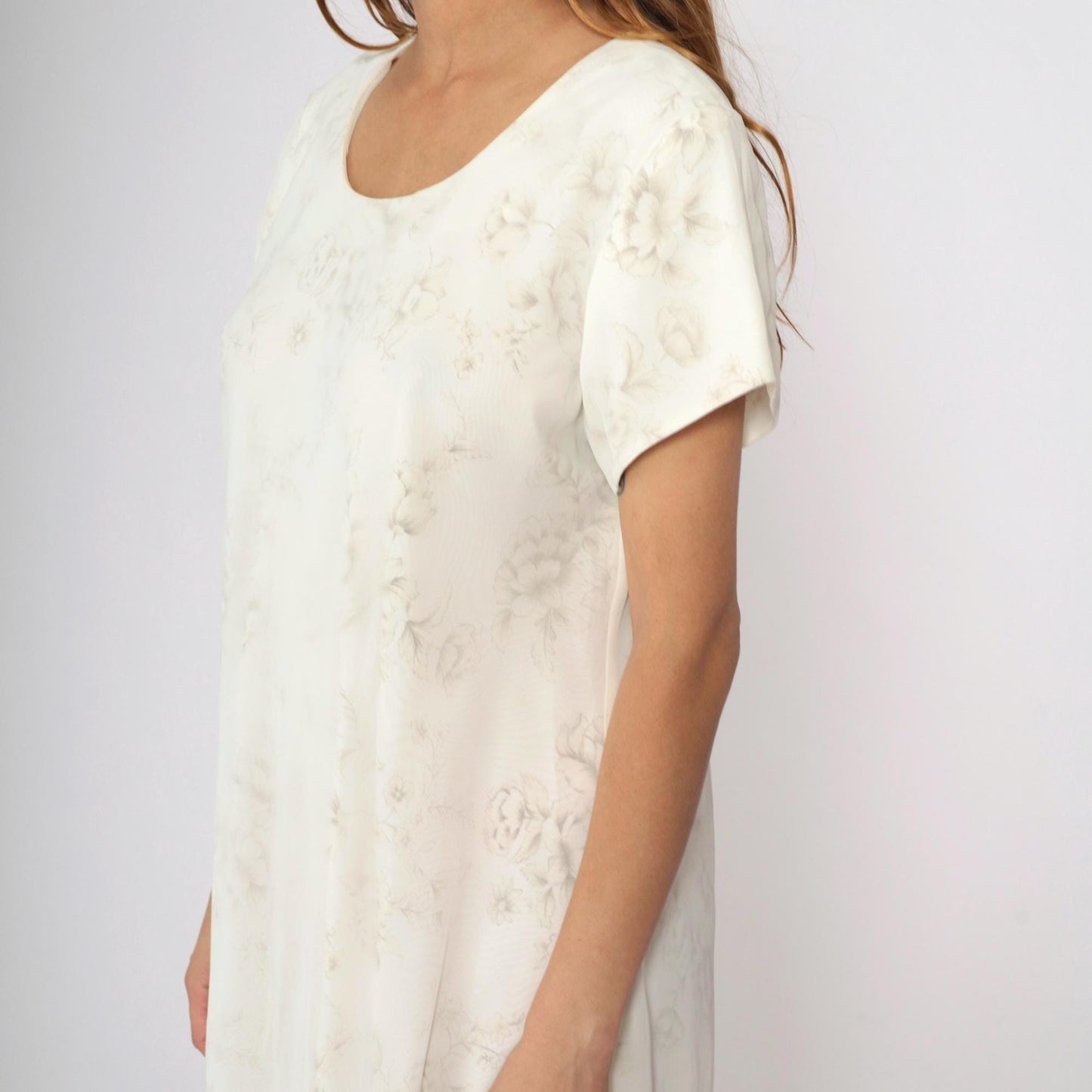 90s Jessica Howard Floral Mini Dress Cream Chiffon Shift Short Sleeve Large