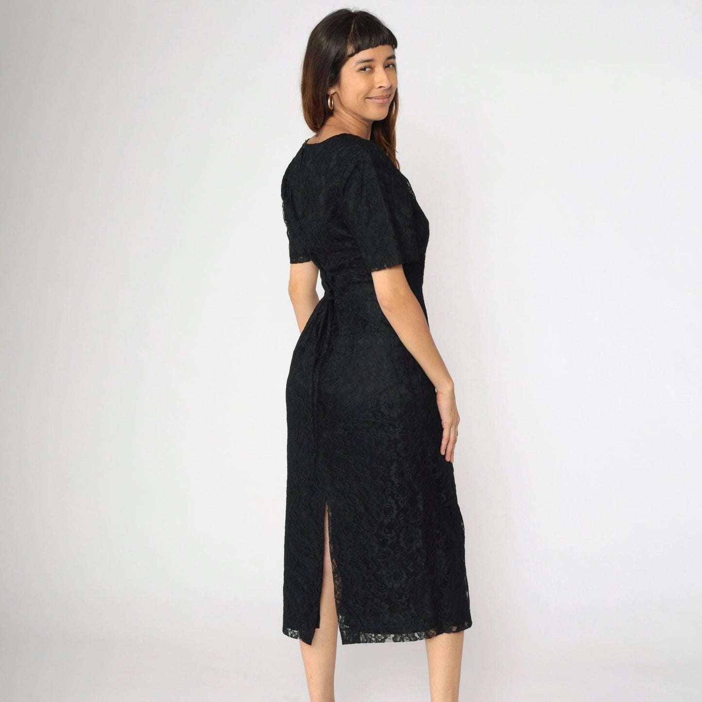 90s Black Lace Midi Dress Sheath Corset Lace-Up Back Short Sleeve Medium