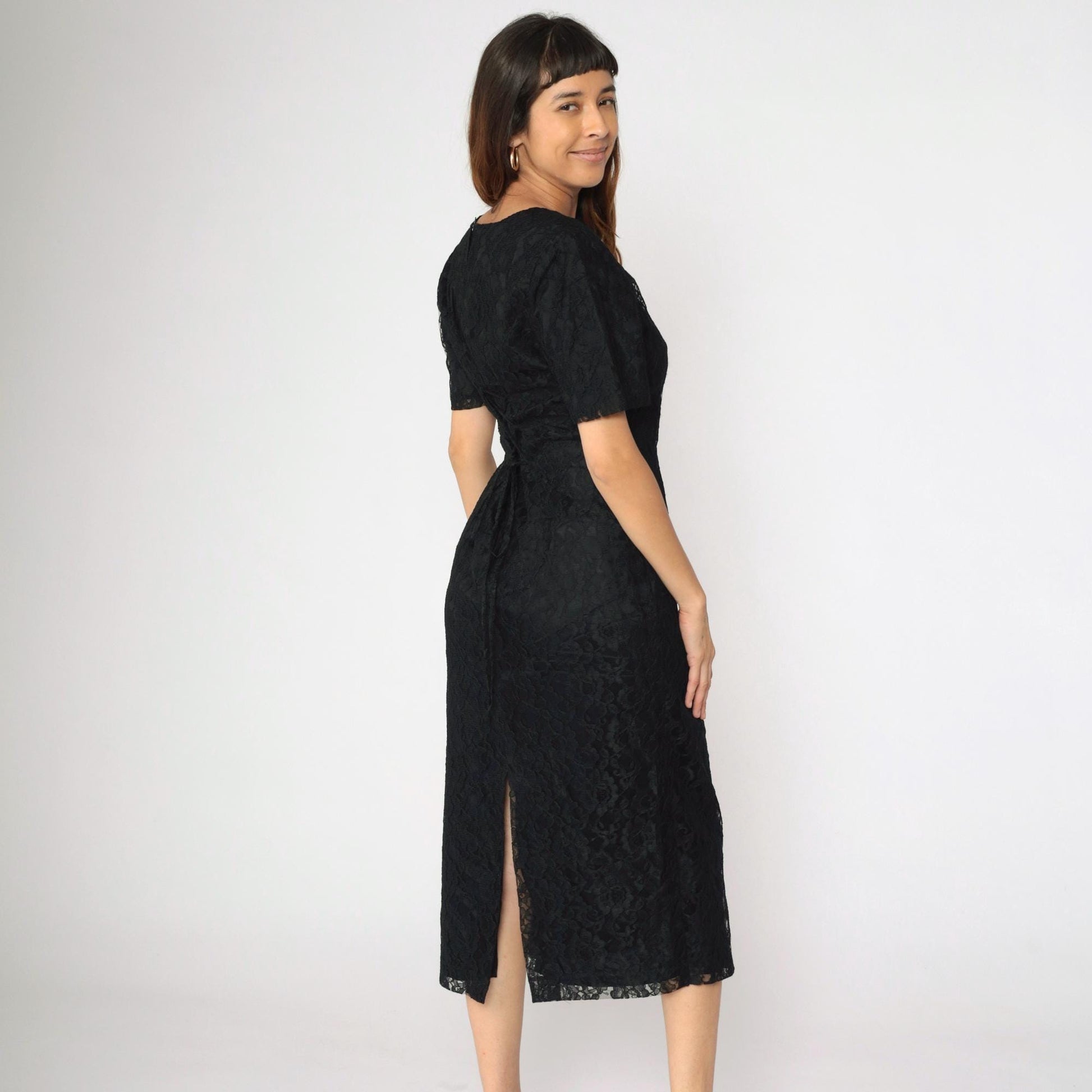 90s Black Lace Midi Dress Sheath Corset Lace-Up Back Short Sleeve Medium