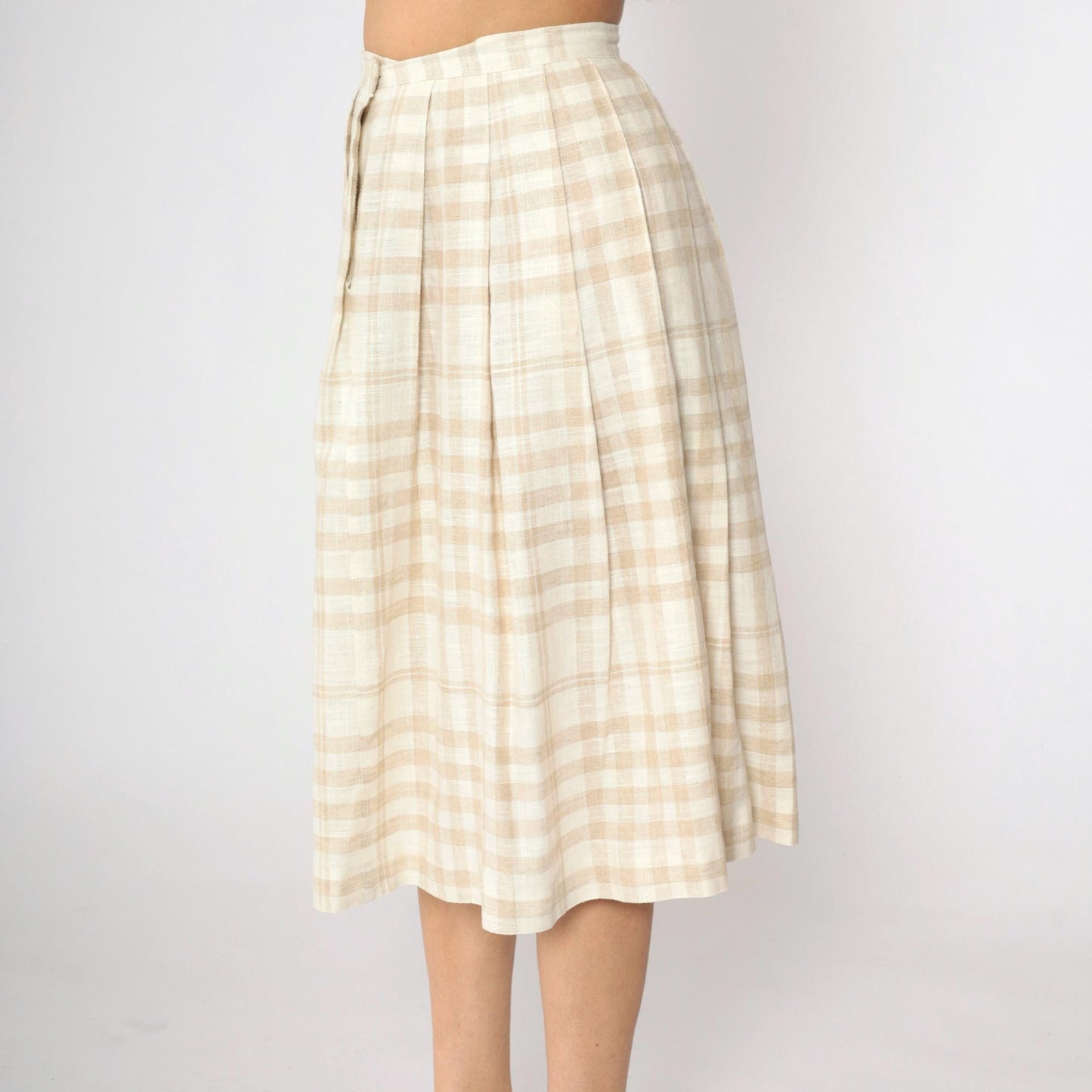90s Tan Cream Plaid Pleated Midi Skirt High Waist Small