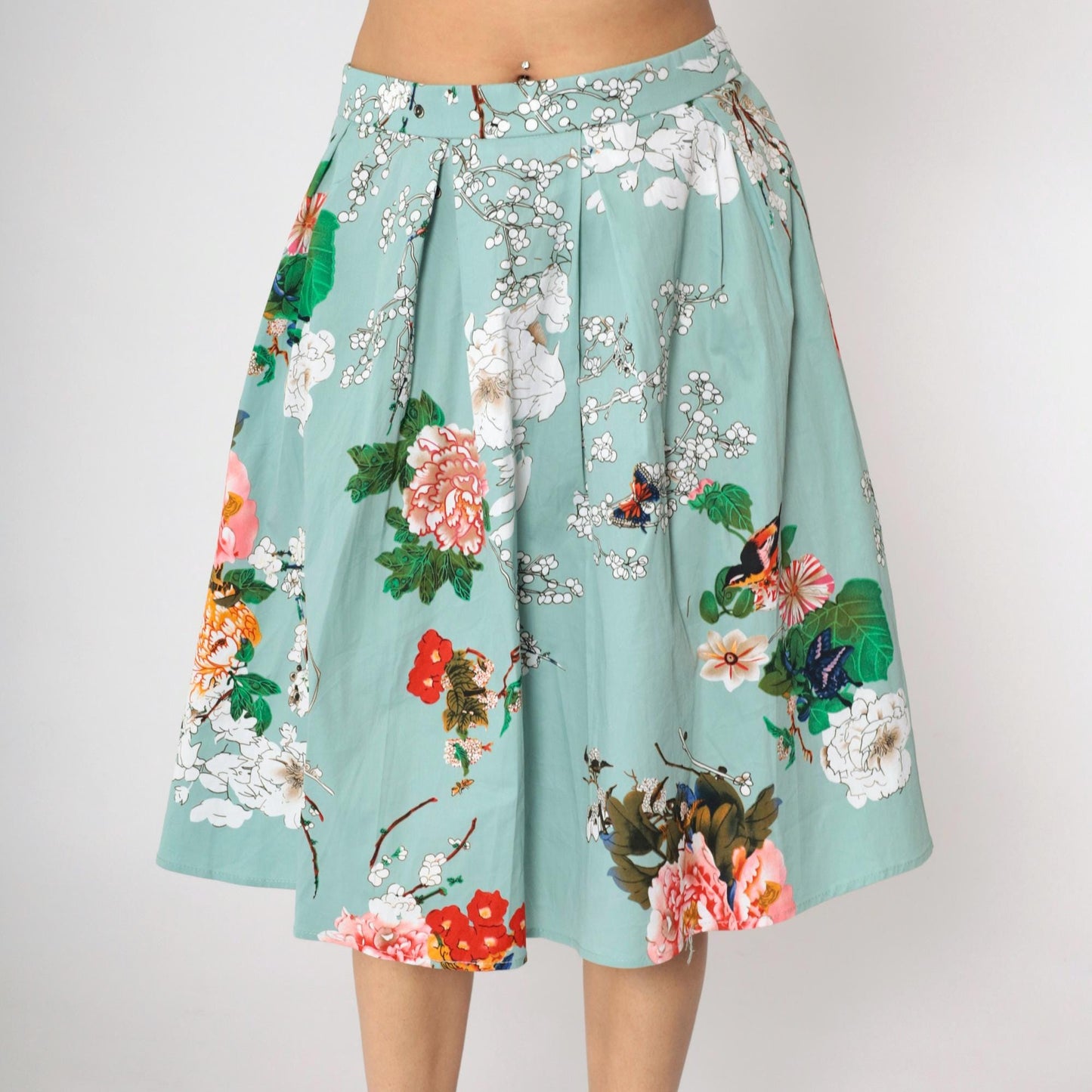 90s Floral Butterfly Midi Skirt Seafoam High Waist Pleated Plus Size XXL