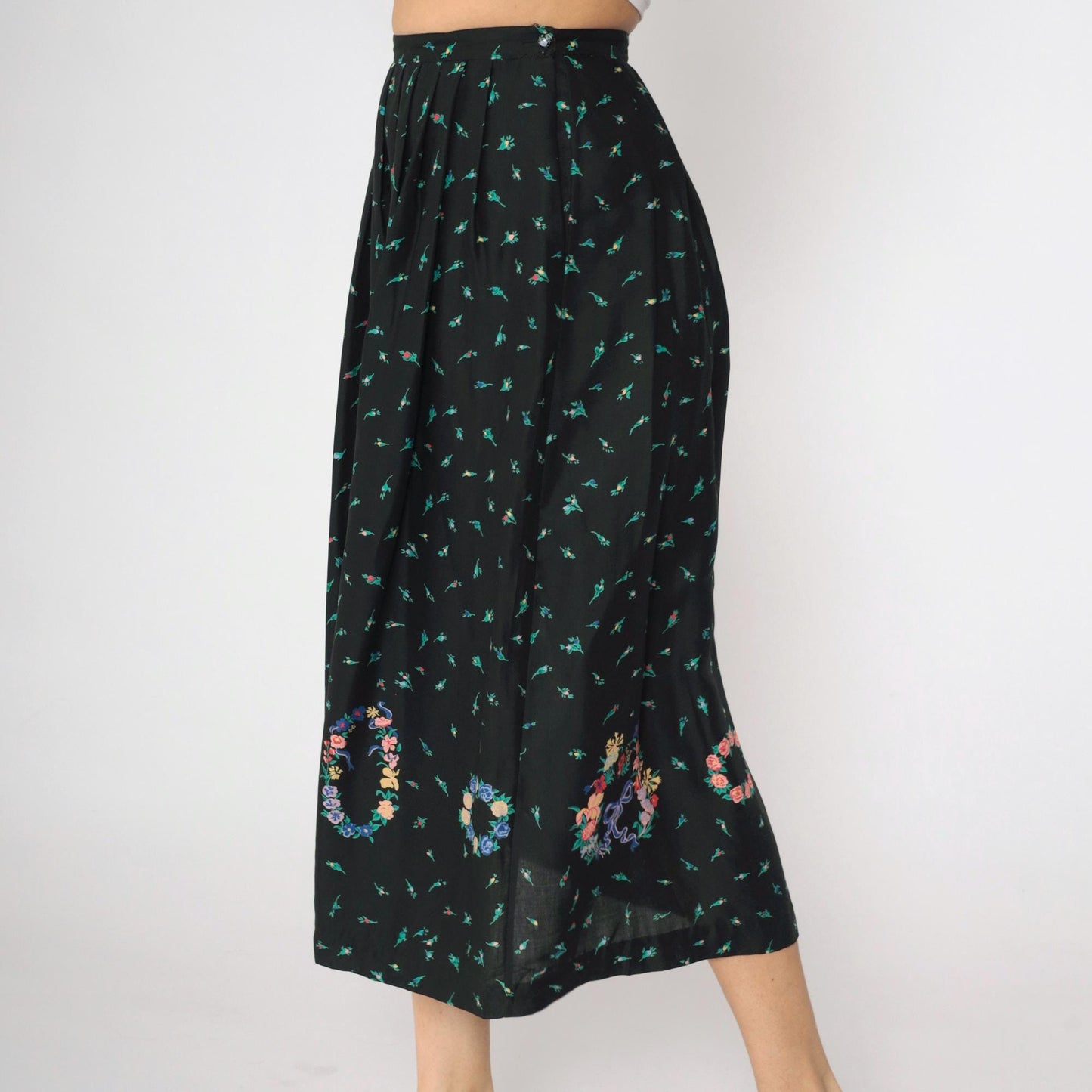 90s The Eagle's Eye Floral Midi Skirt Black Botanical Rayon Small