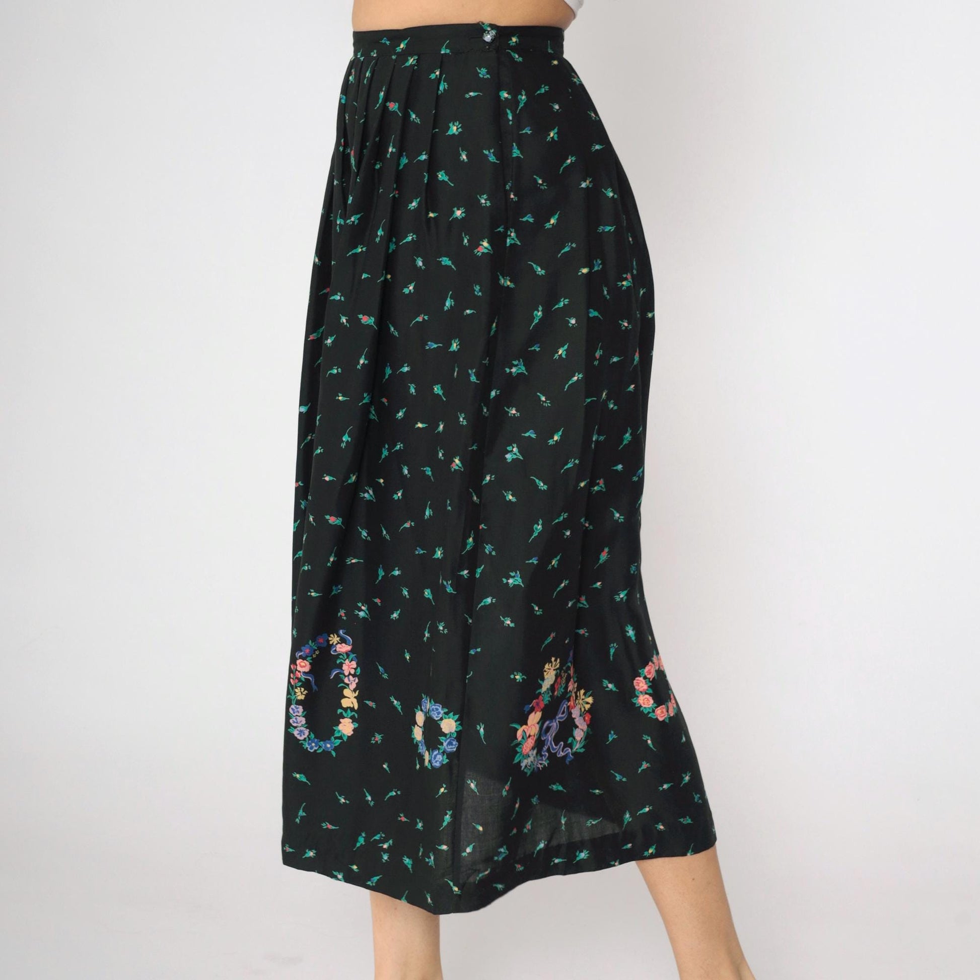 90s The Eagle's Eye Floral Midi Skirt Black Botanical Rayon Small