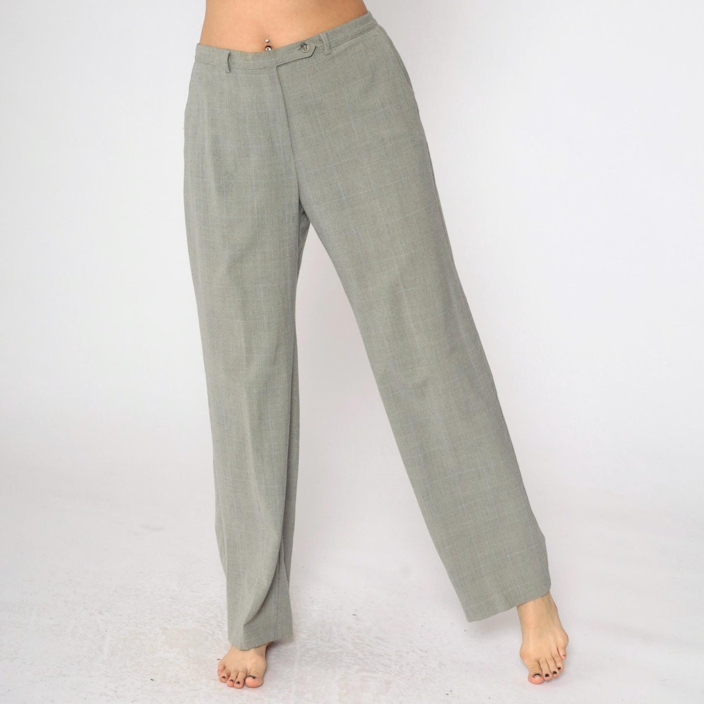 90s Grey Plaid Straight Leg Trousers High Rise Vintage Kim Rogers Medium