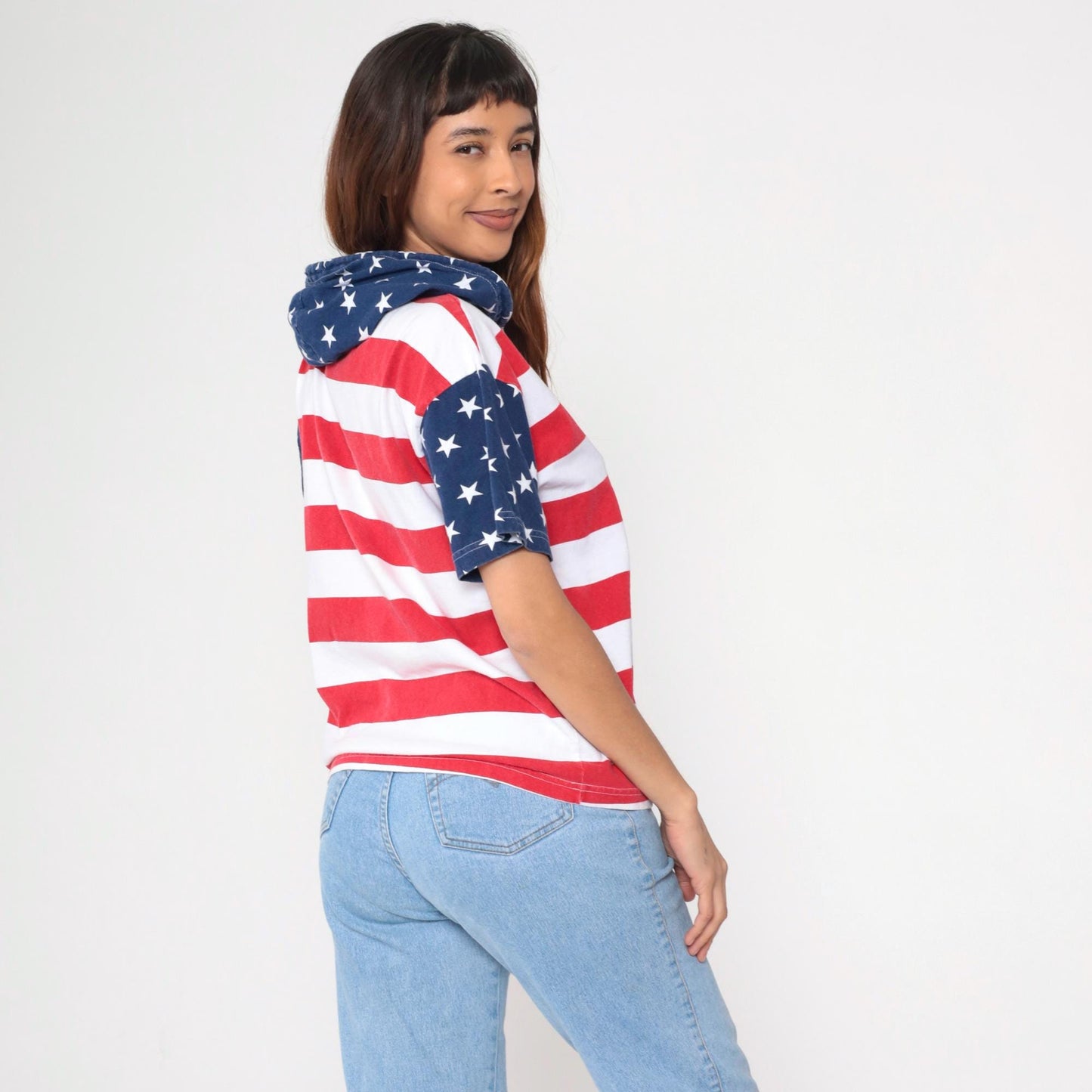 90s American Flag Stars and Stripes Hooded T-Shirt Cotton Youth Extra Large