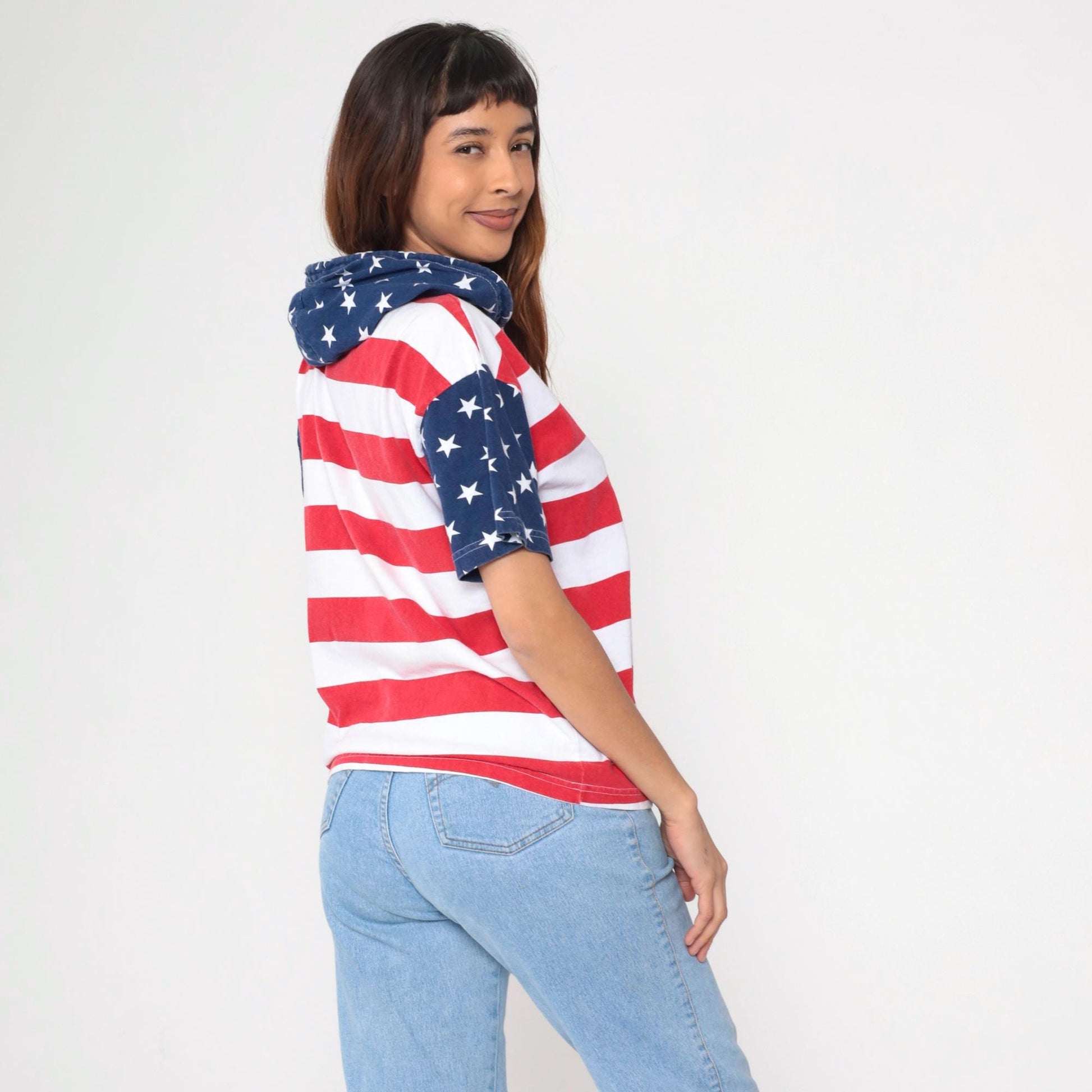 90s American Flag Stars and Stripes Hooded T-Shirt Cotton Youth Extra Large