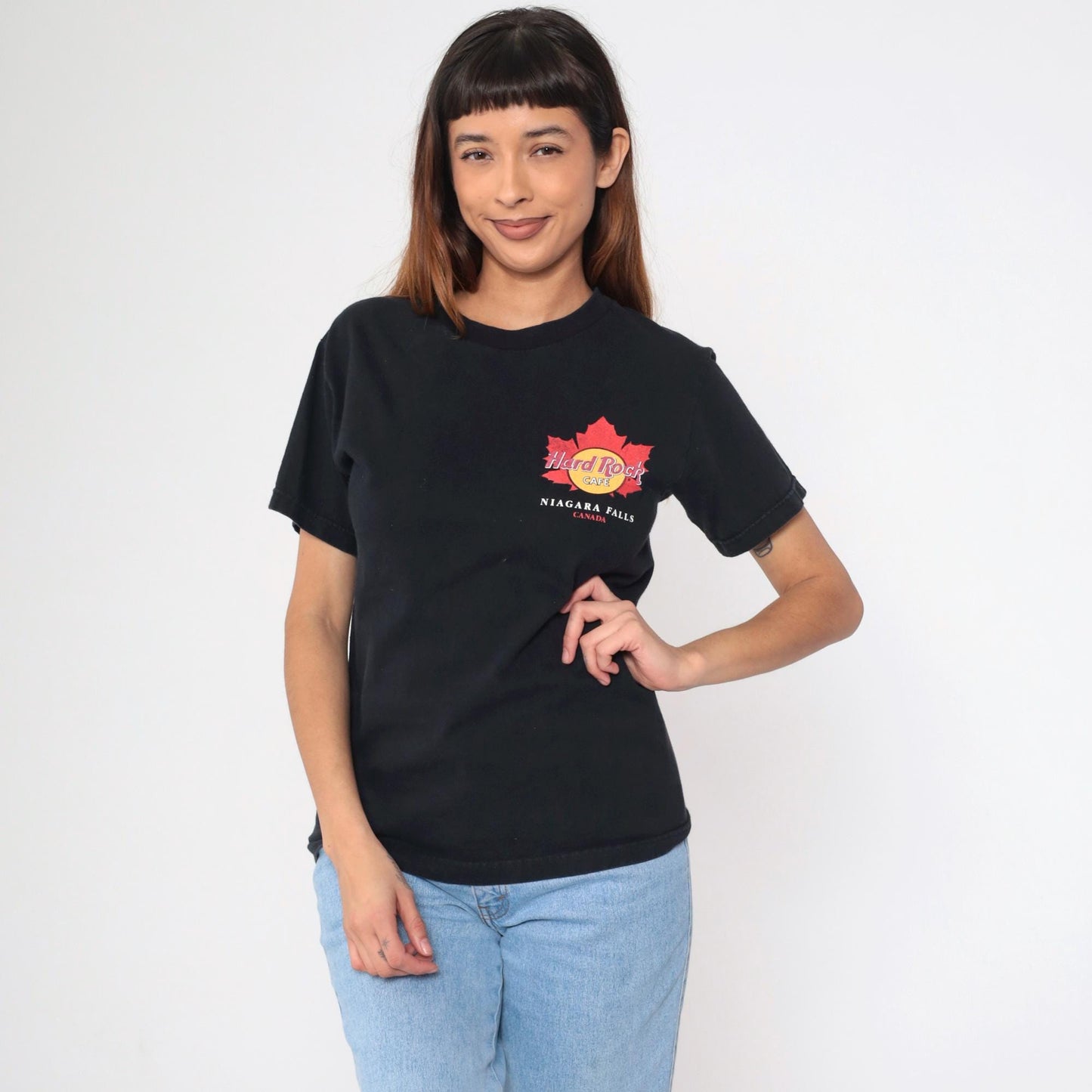 90s Hard Rock Cafe Niagara Falls Maple Leaf Graphic T-Shirt Black Small