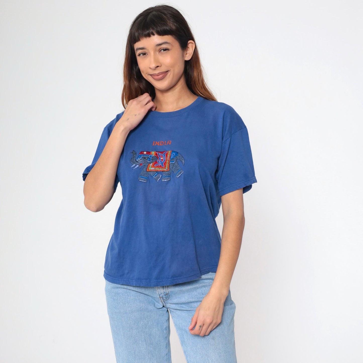 Y2K India Elephant Embroidered T-Shirt Blue Mirrored Graphic Tee Medium Large