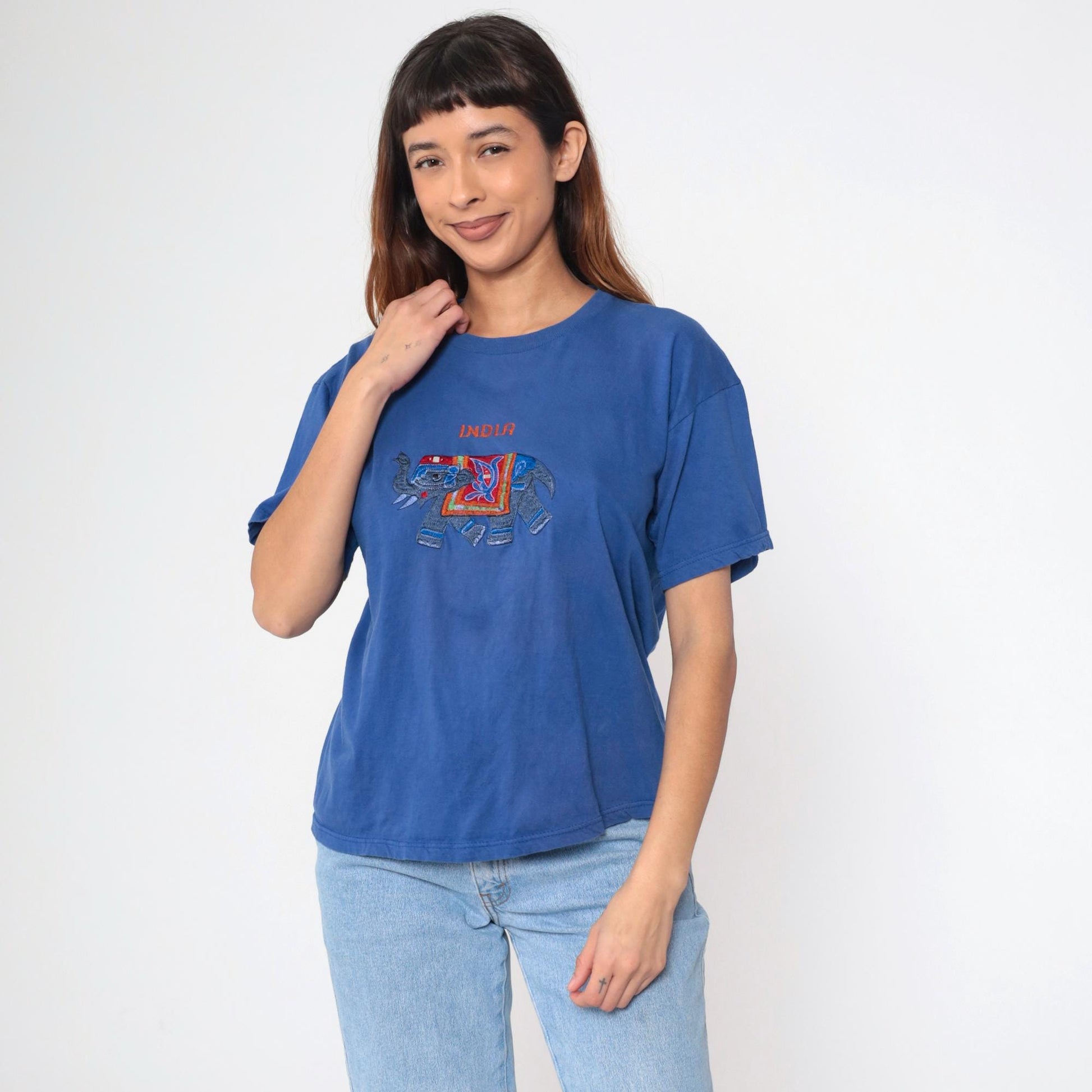 Y2K India Elephant Embroidered T-Shirt Blue Mirrored Graphic Tee Medium Large