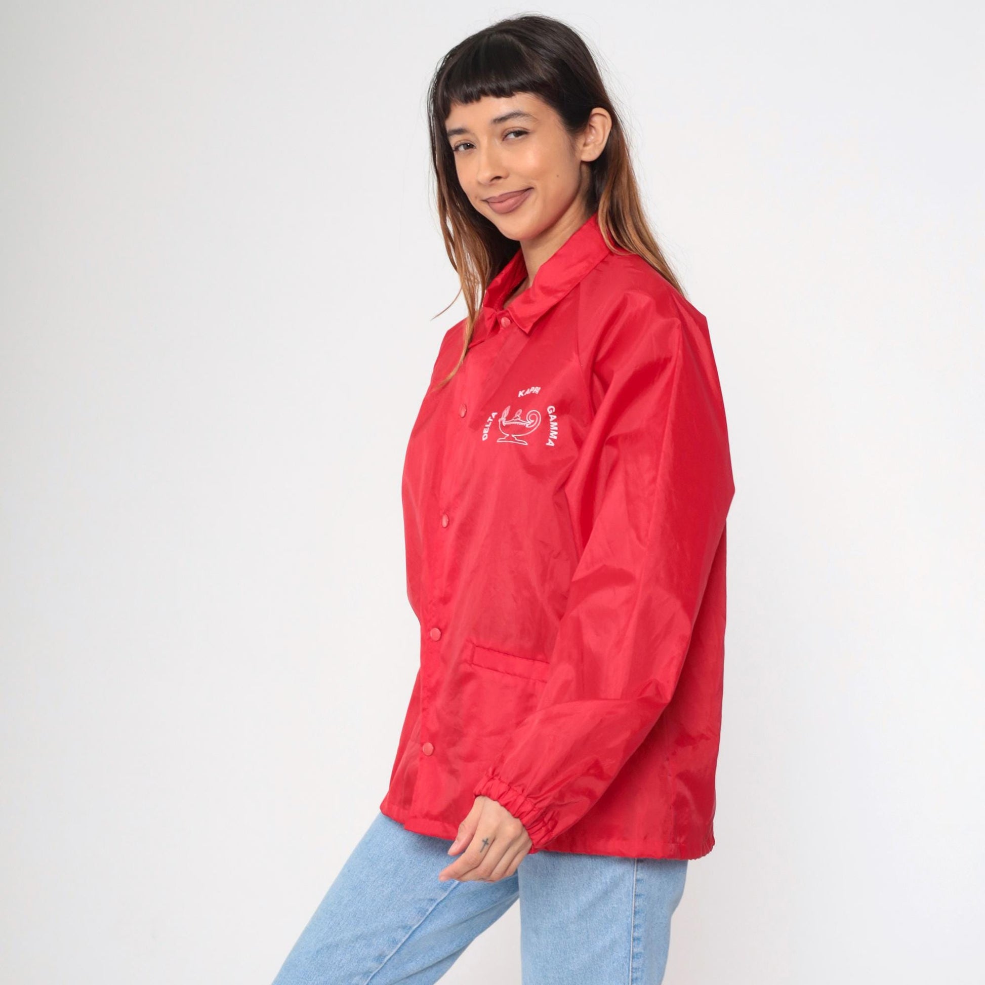 80s Delta Kappa Gamma Red Windbreaker Jacket Snap-Up Raglan Large