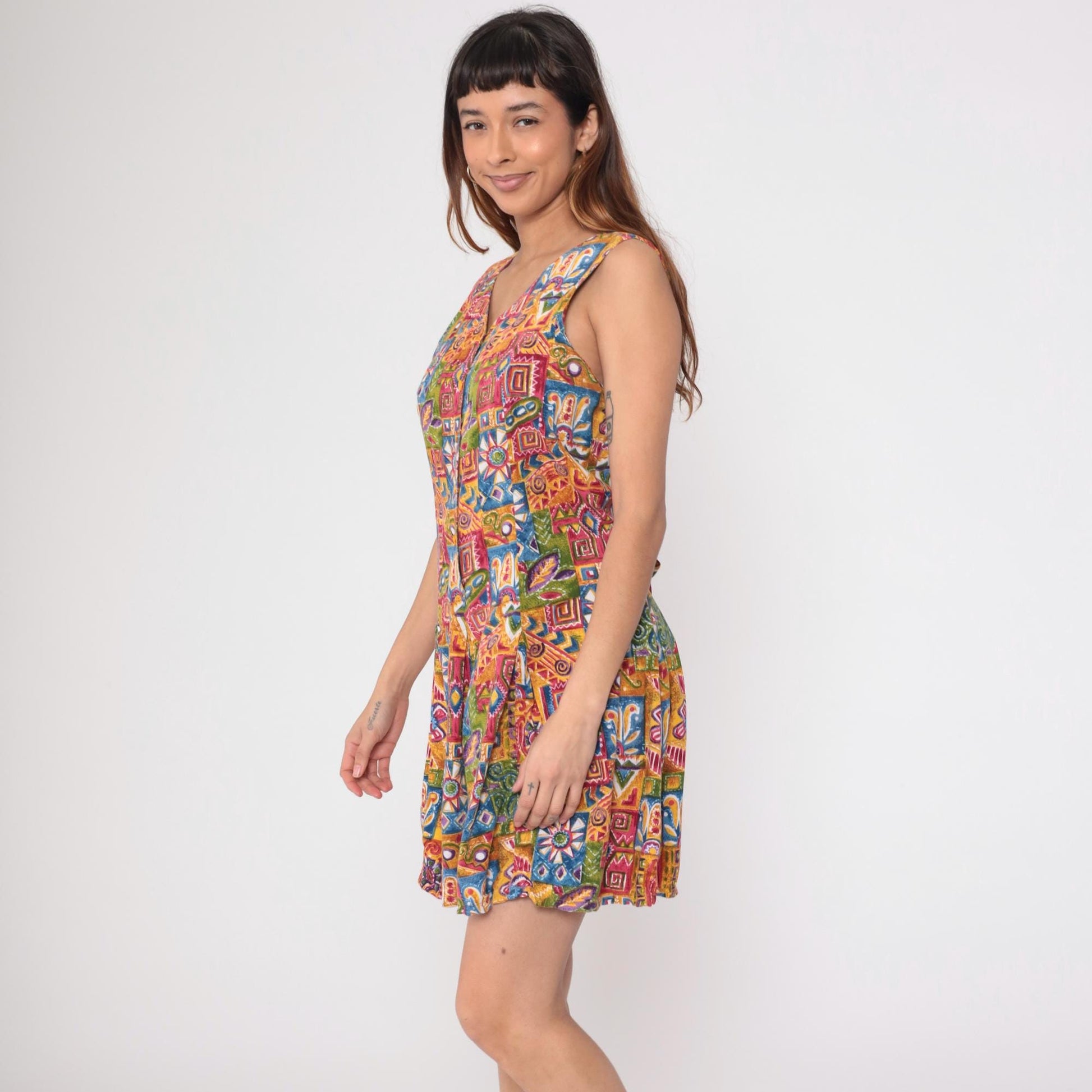 90s Geometric Floral Romper Playsuit Button-Up Sleeveless Wide Leg Extra Large XXL