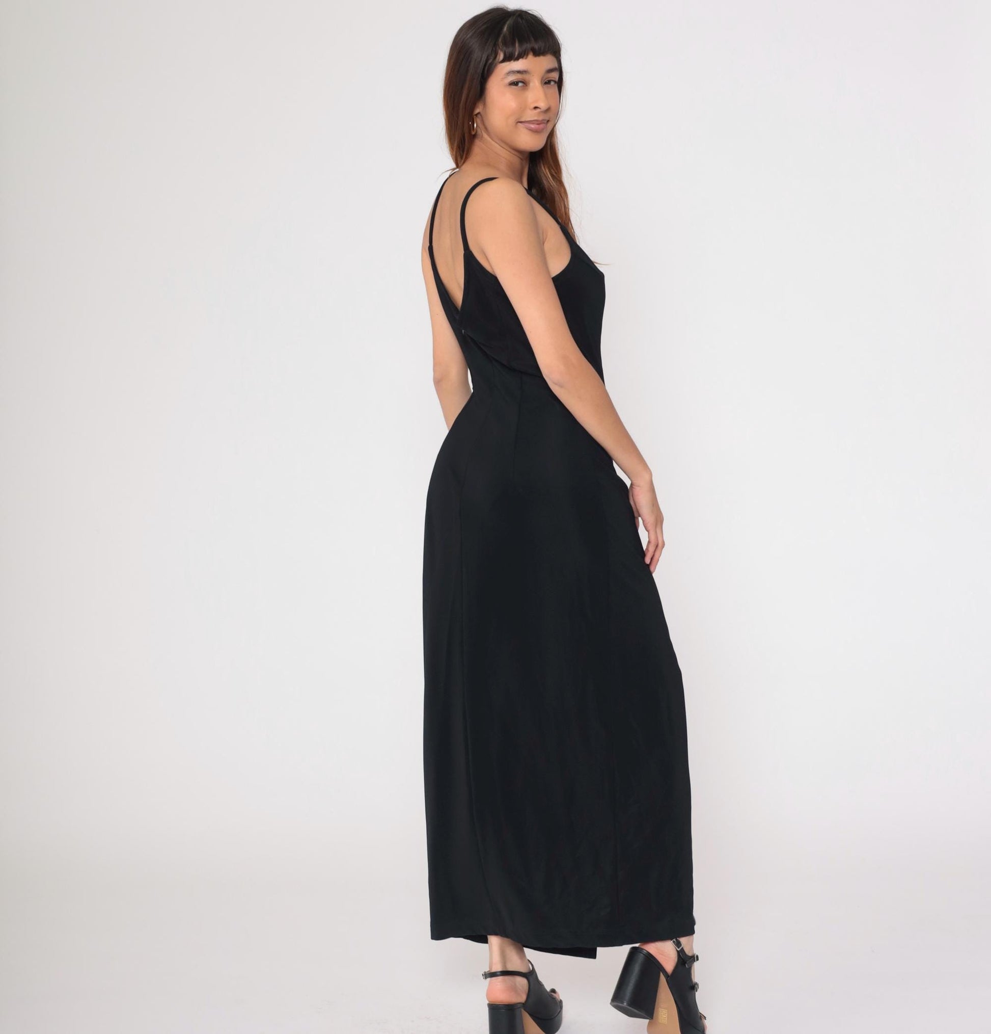 90s Scott McClintock Black Maxi Dress Spaghetti Strap Low Back Slit Medium