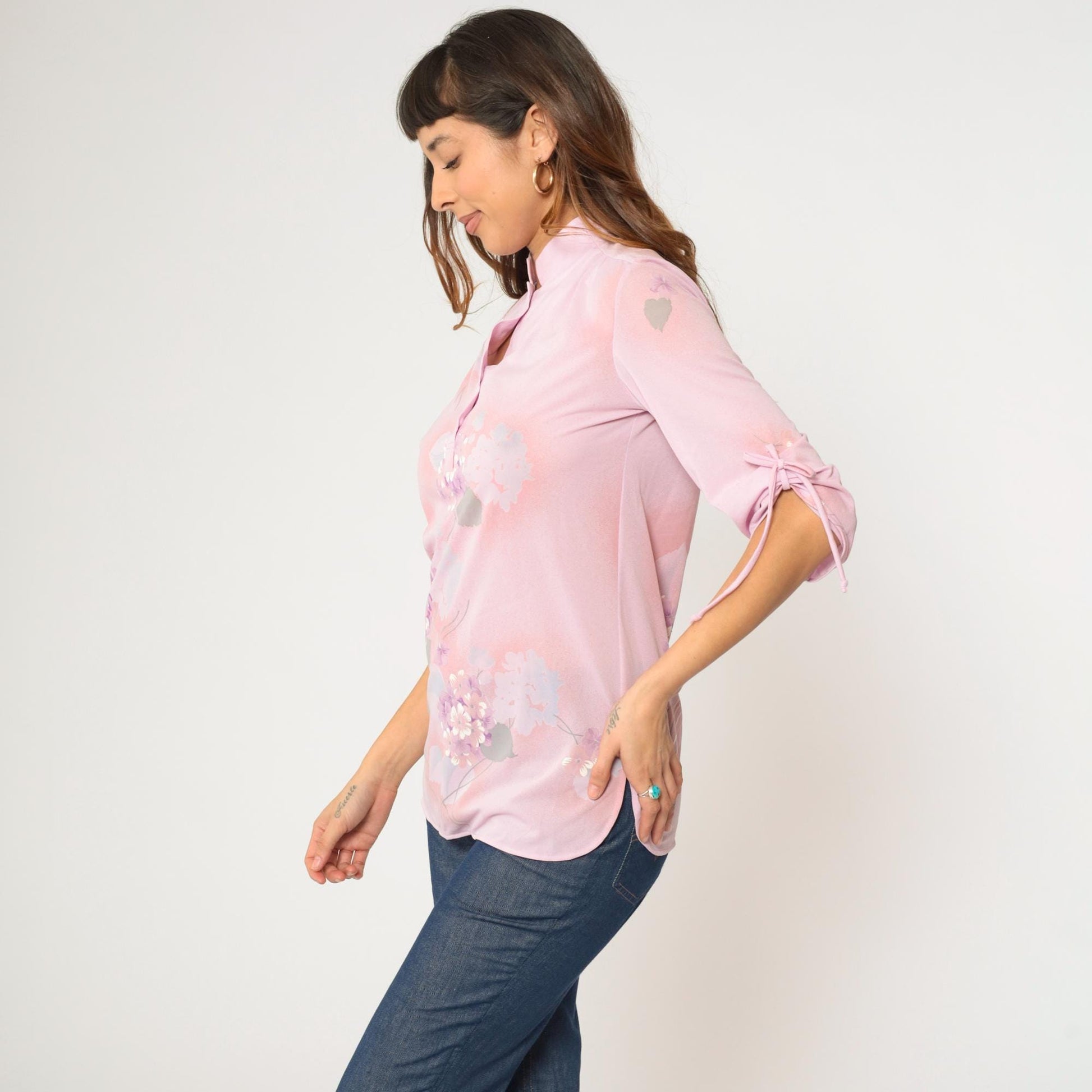 70s Lavender Pink Floral Mandarin Collar Blouse Tunic Small S
