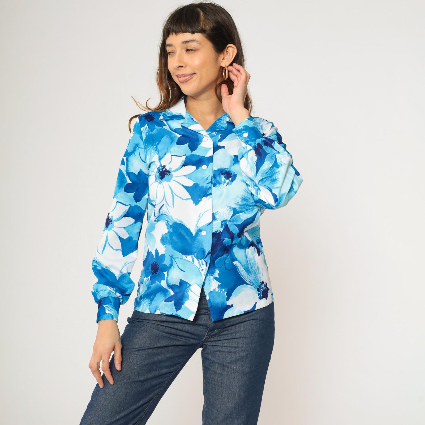 70s Kamehameha Floral Button-Up Blouse Blue White Long Sleeve Small