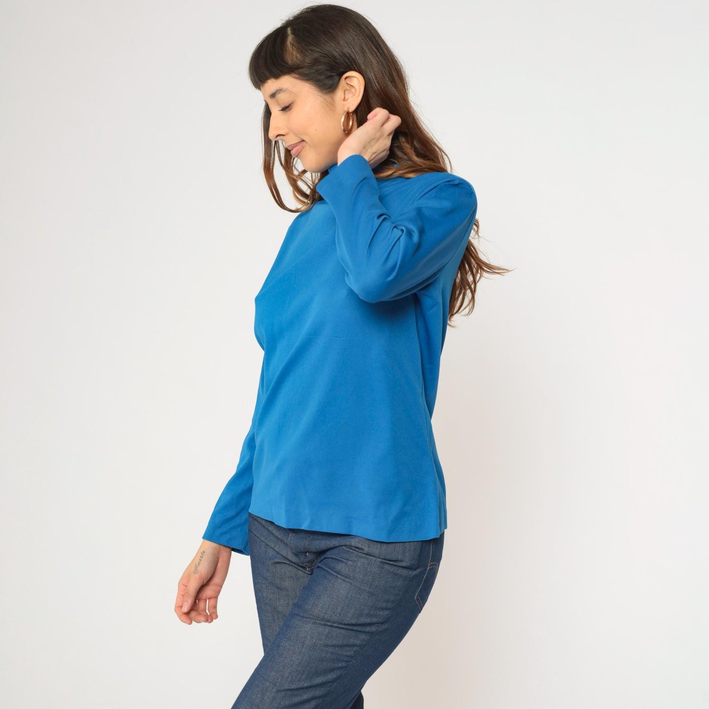 70s Bright Blue Turtleneck Long Sleeve Polyester Shirt Medium