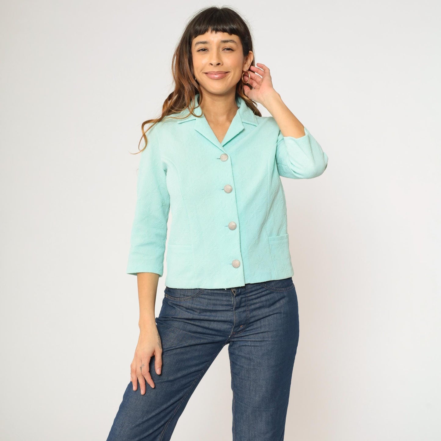 70s Pastel Turquoise Button-Up Blouse Textured Floral Polyester Collar Small