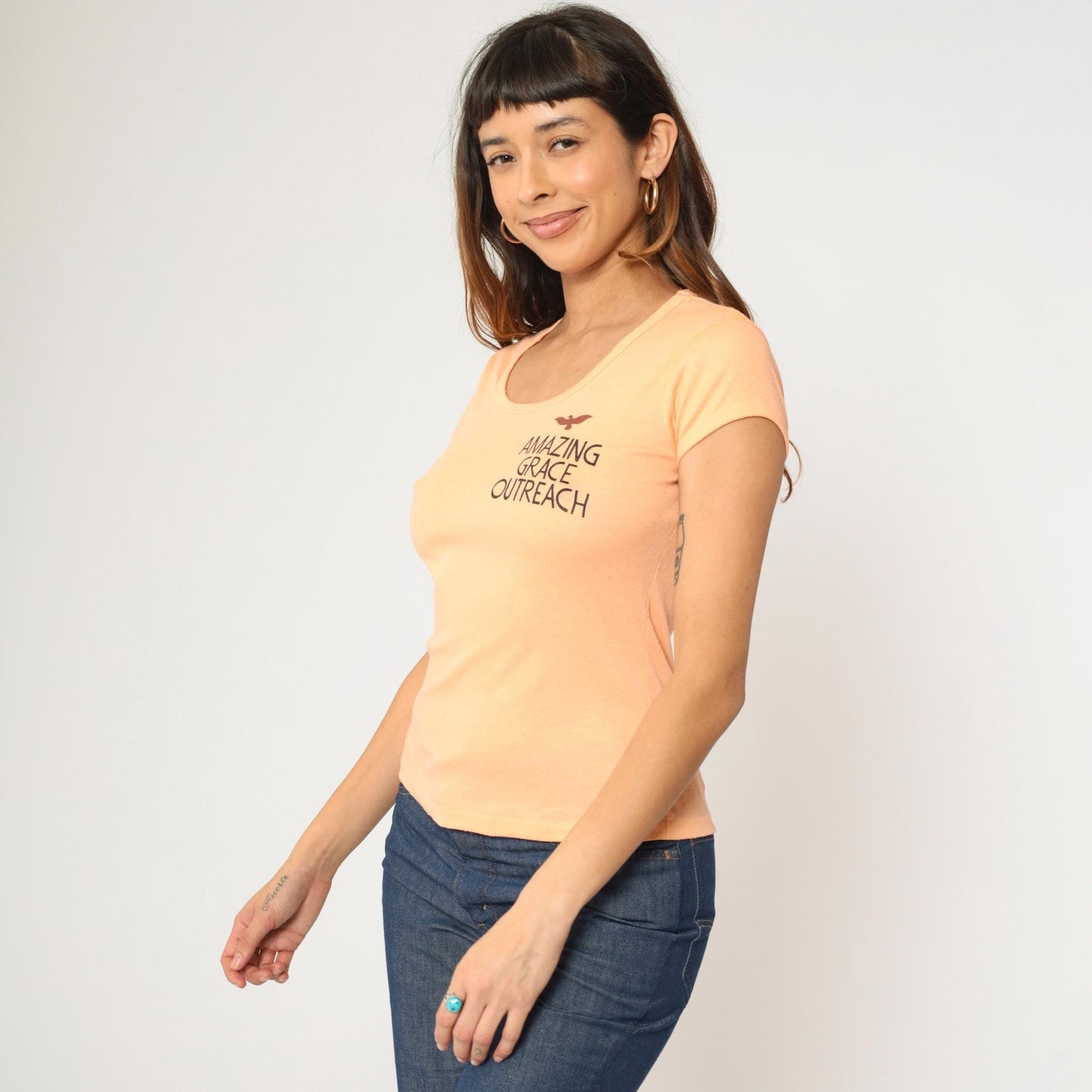 70s Amazing Grace Outreach Peach Graphic Tee Bible Verse Dove Small S