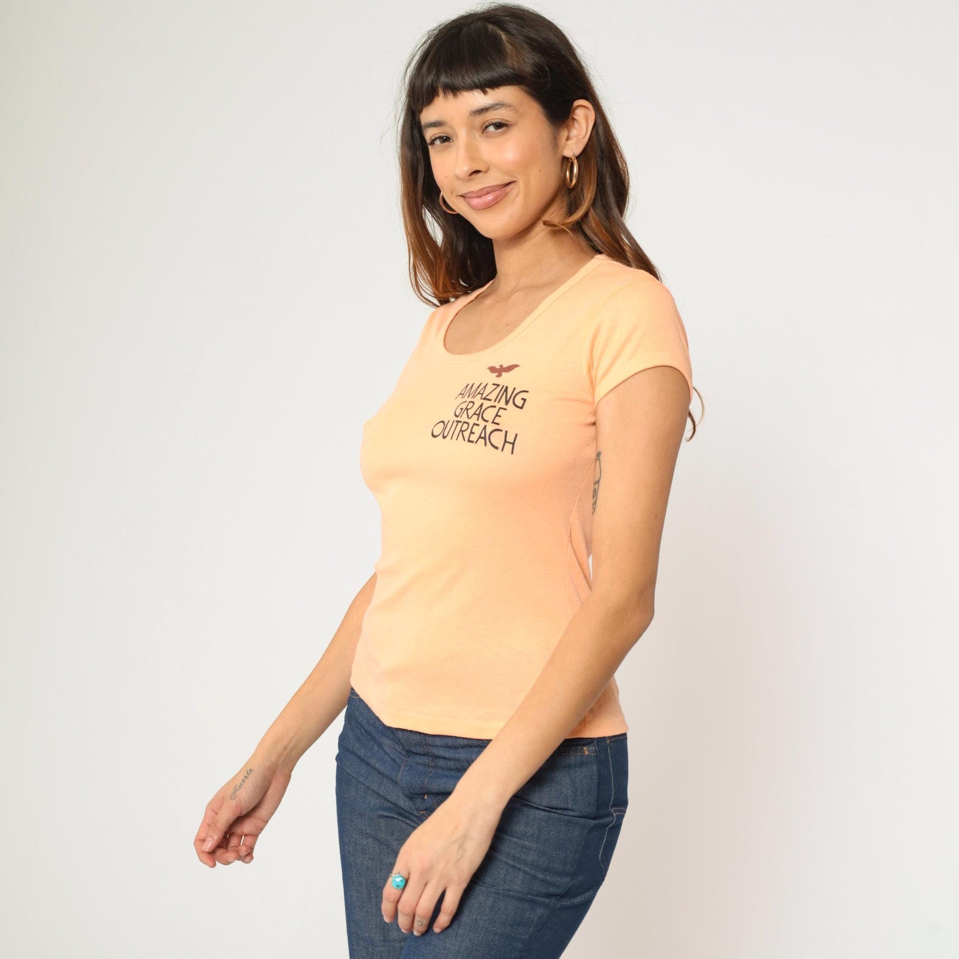 70s Amazing Grace Outreach Peach Graphic Tee Bible Verse Dove Small S