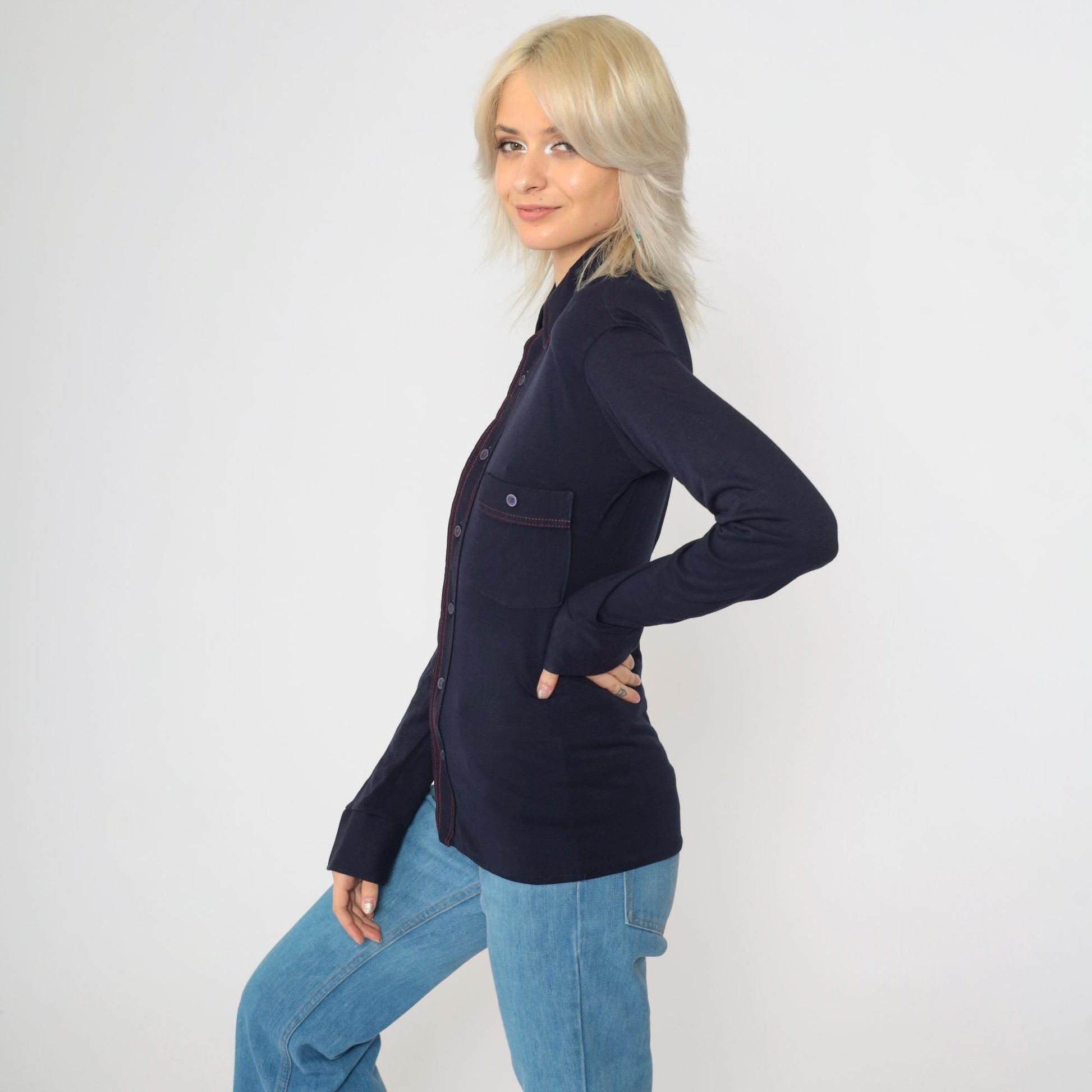 70s Navy Button-Up Shirt Dagger Collar Topstitch Red Accent Extra Small