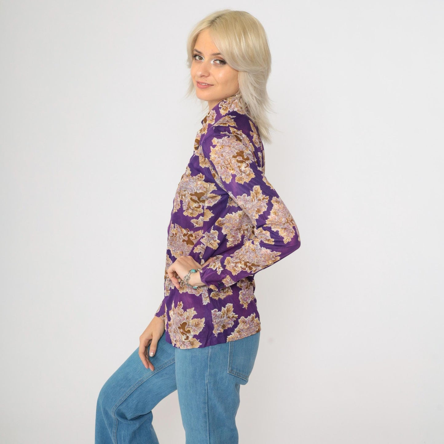 70s Purple Pastoral Lute Player Dagger Collar Shirt Long Sleeve Extra Small