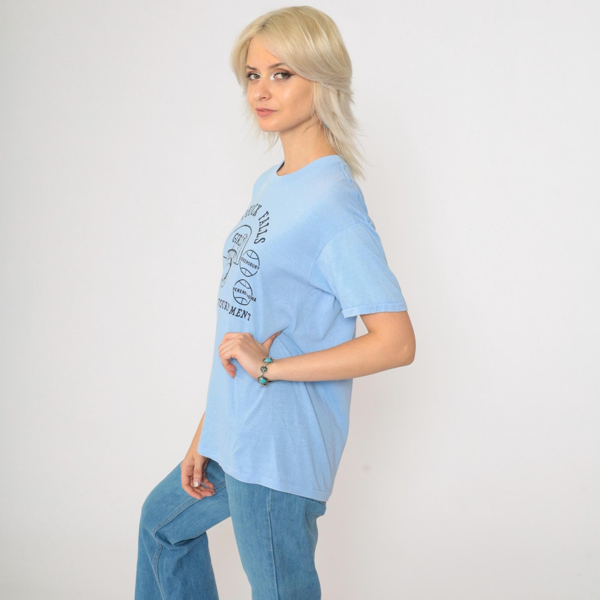 80s Hoosick Falls Girls Invitational Basketball Tournament Tee Light Blue Small