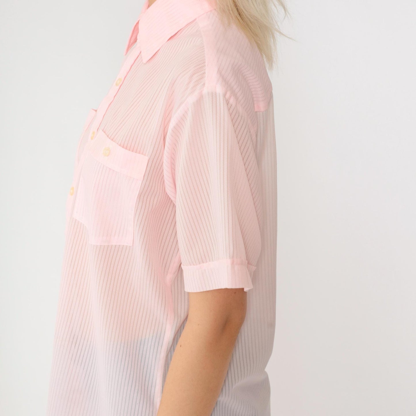 70s Sea-Aire Baby Pink Striped Button-Up Shirt Short Sleeve Men's Medium