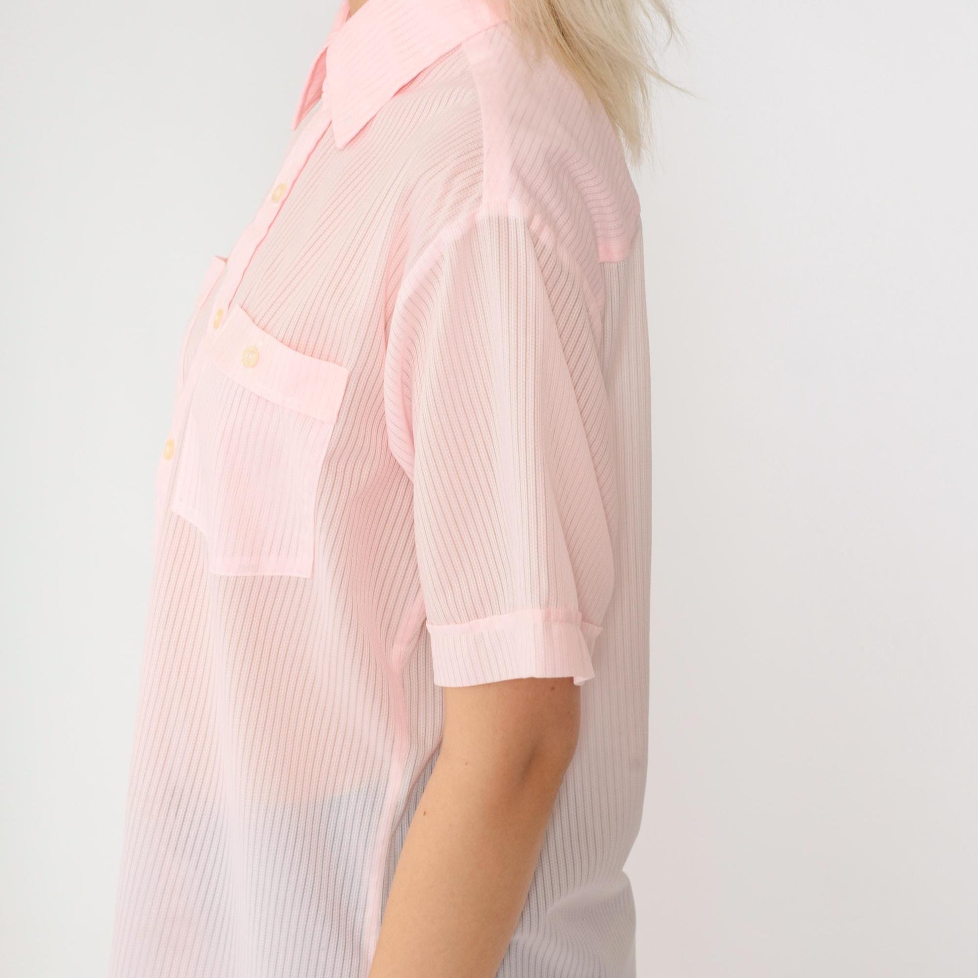 70s Sea-Aire Baby Pink Striped Button-Up Shirt Short Sleeve Men's Medium