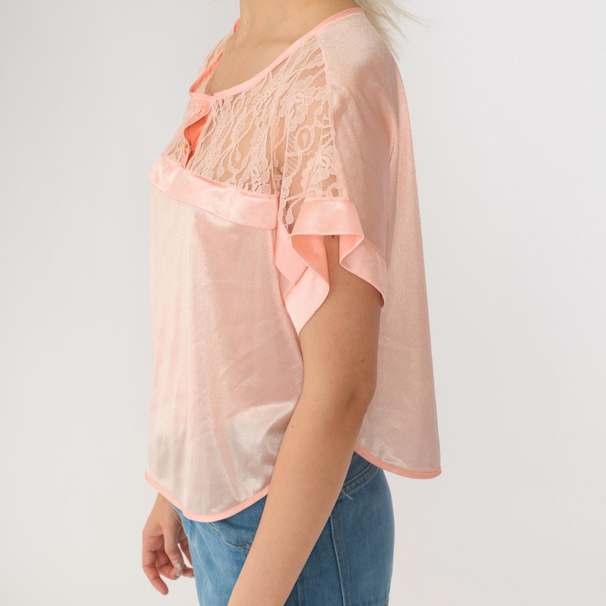 80s Baby Pink Nylon Lingerie Pajama Top Lace Button-Up Sleep Shirt Medium