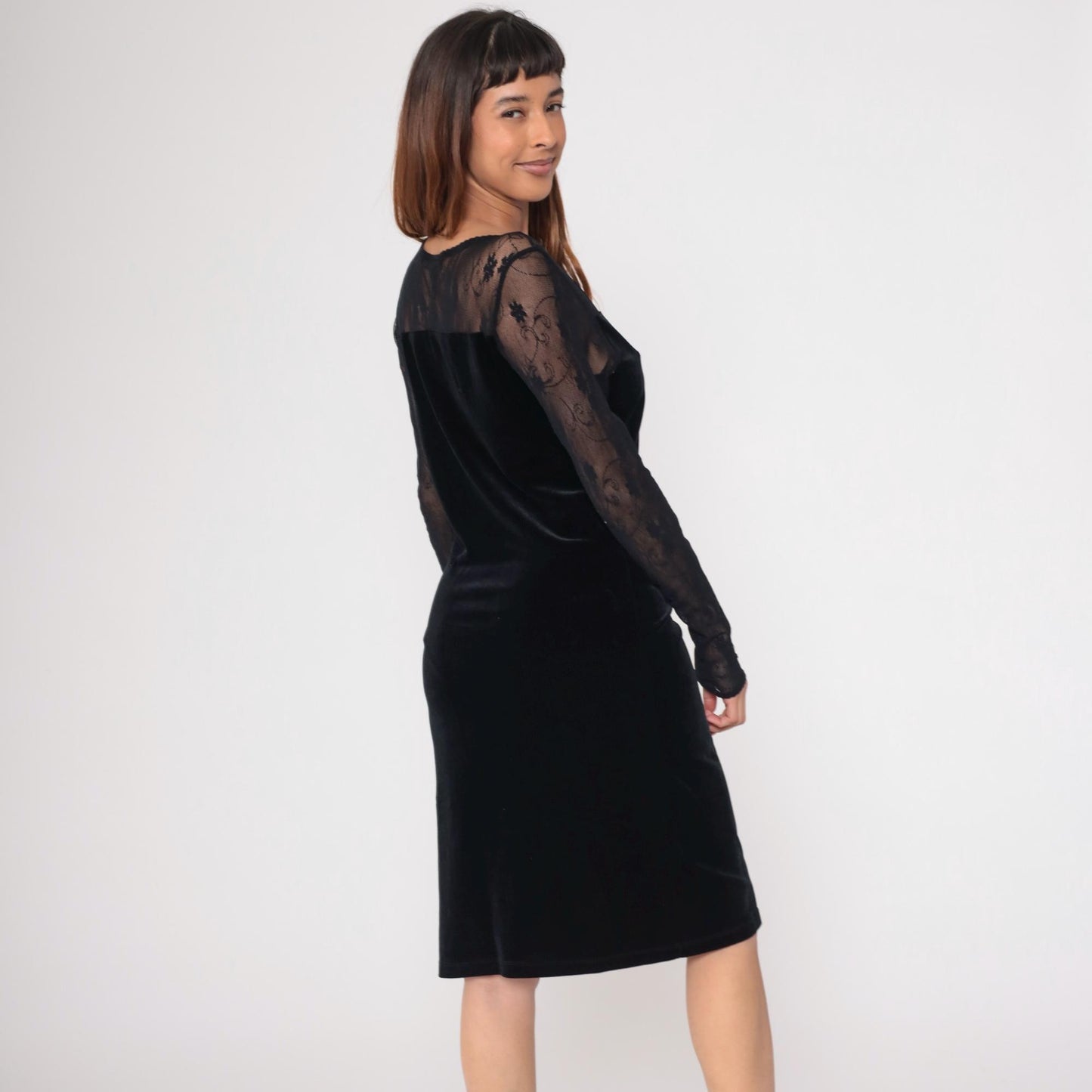 90s Black Velvet Bodycon Midi Dress Lace Illusion Neckline Large L