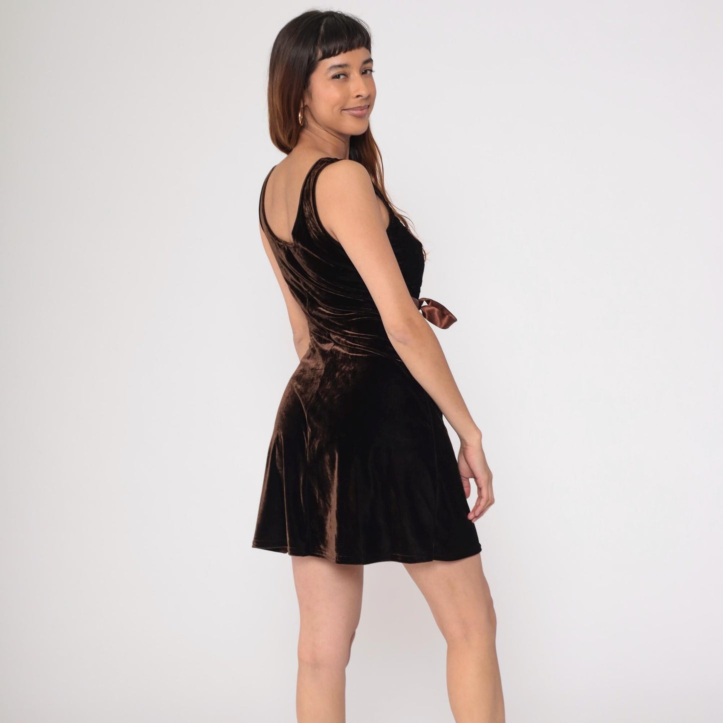 90s Brown Velvet Mini Dress Embroidered Ribbon Bow Sleeveless Medium