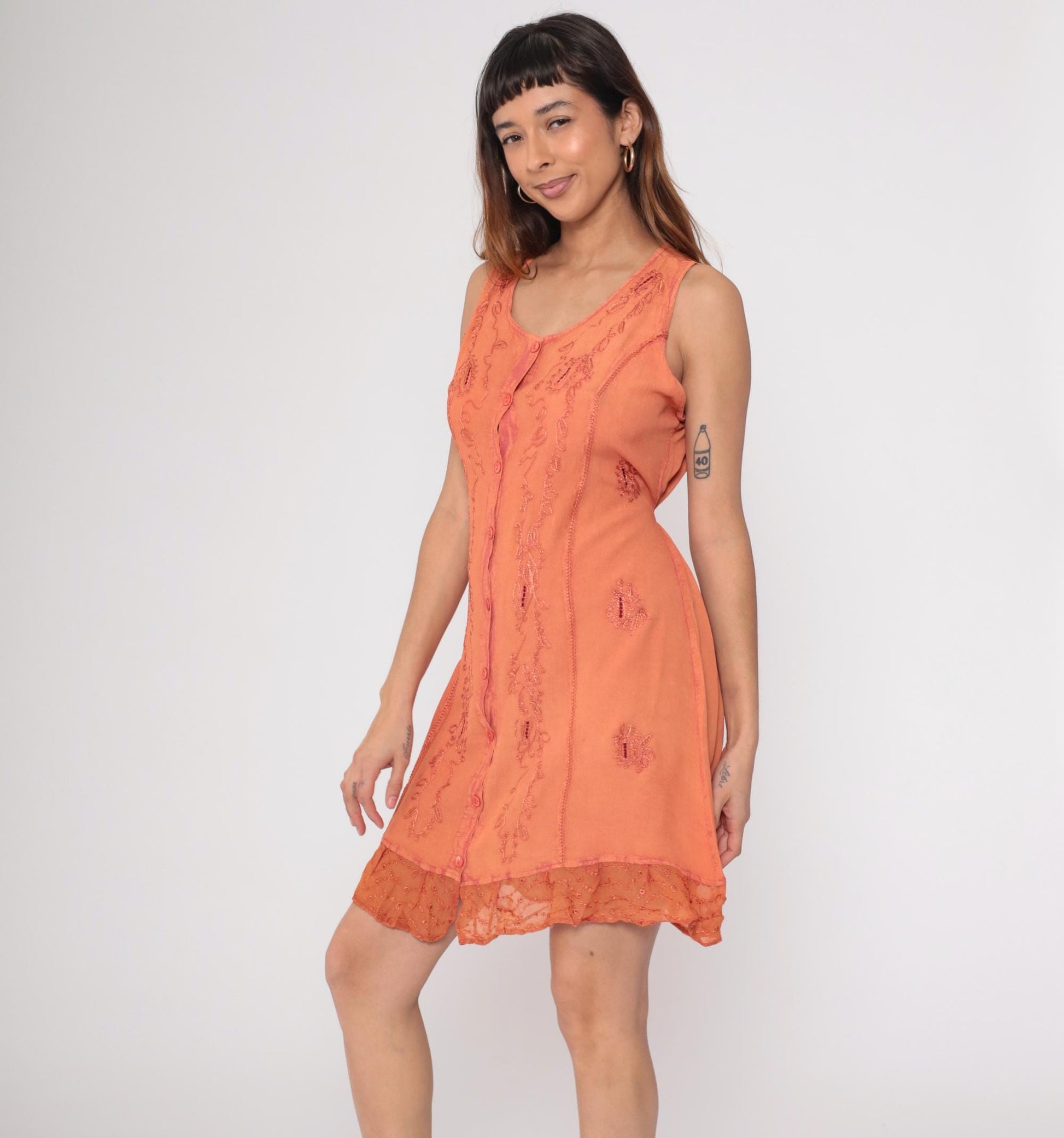 90s Kaaku Orange Paisley Embroidered Mini Dress Button Front Small Medium