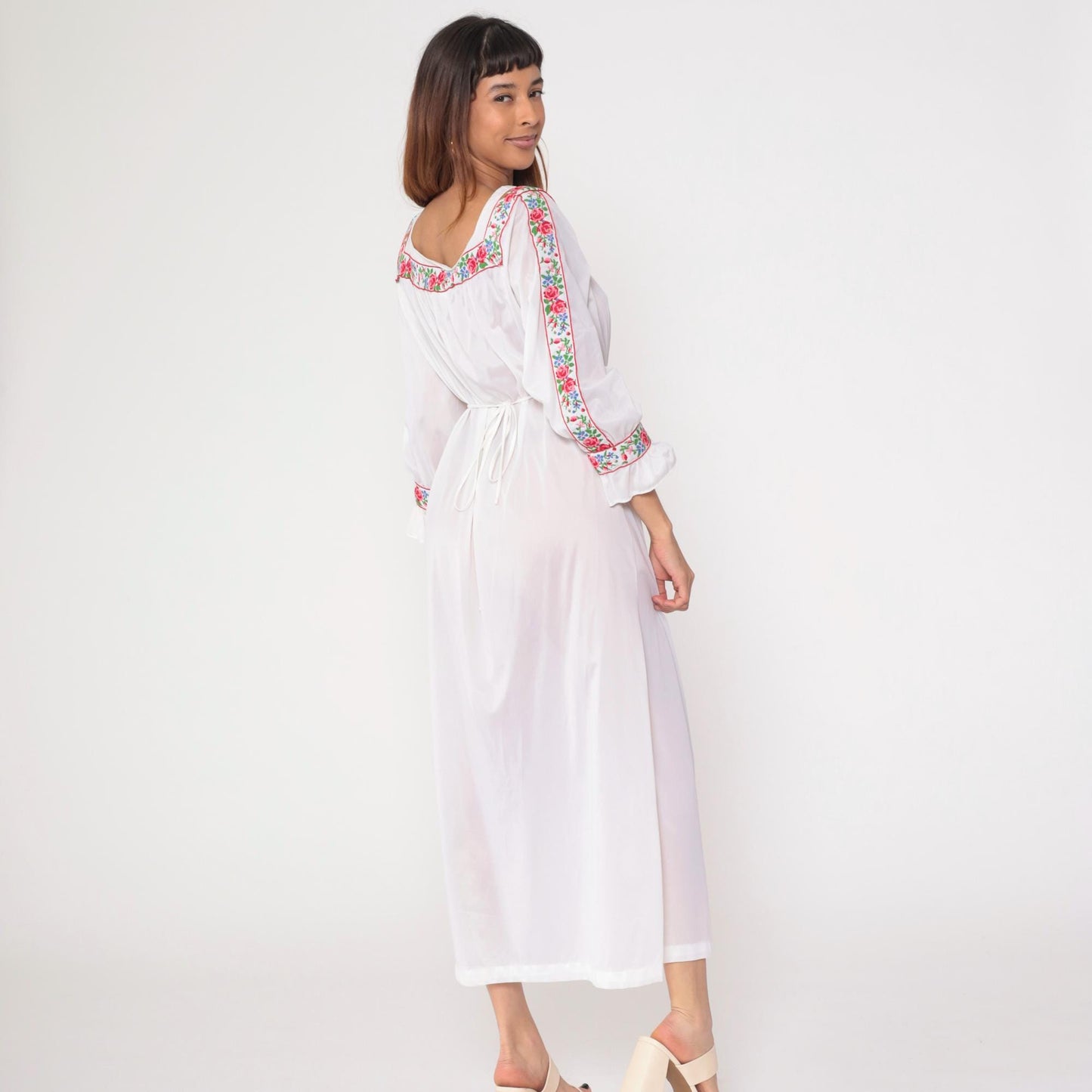 70s Sears Sheer White Floral Embroidered Maxi Nightgown High Waist Large
