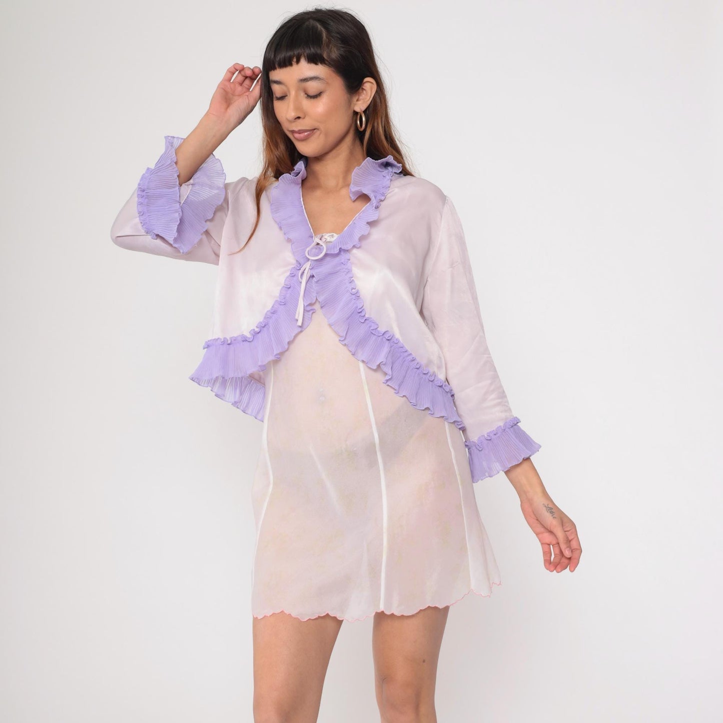 90s Mary McFadden Bed Jacket Pale Pink Lavender Ruffled Tie Front Small