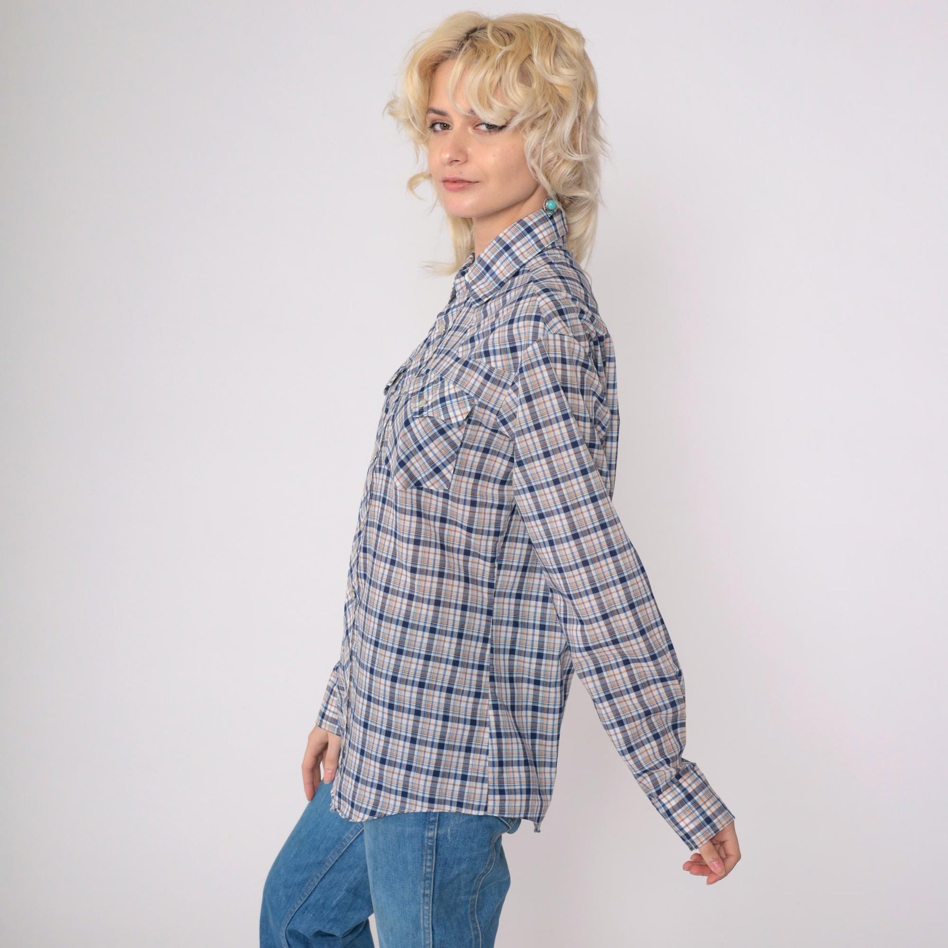 80s Saturdays in California Western Shirt Plaid Pearl Snap Blue White Medium