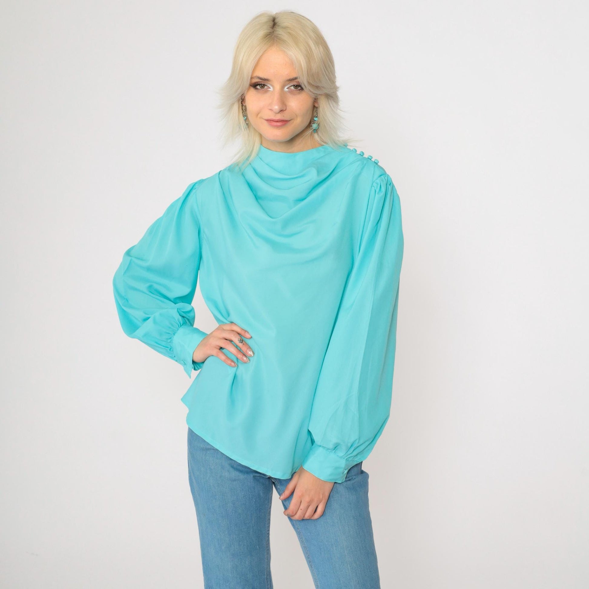 70s Diane Von Furstenberg Cowl Neck Blouse Aqua Blue Long Sleeve Medium