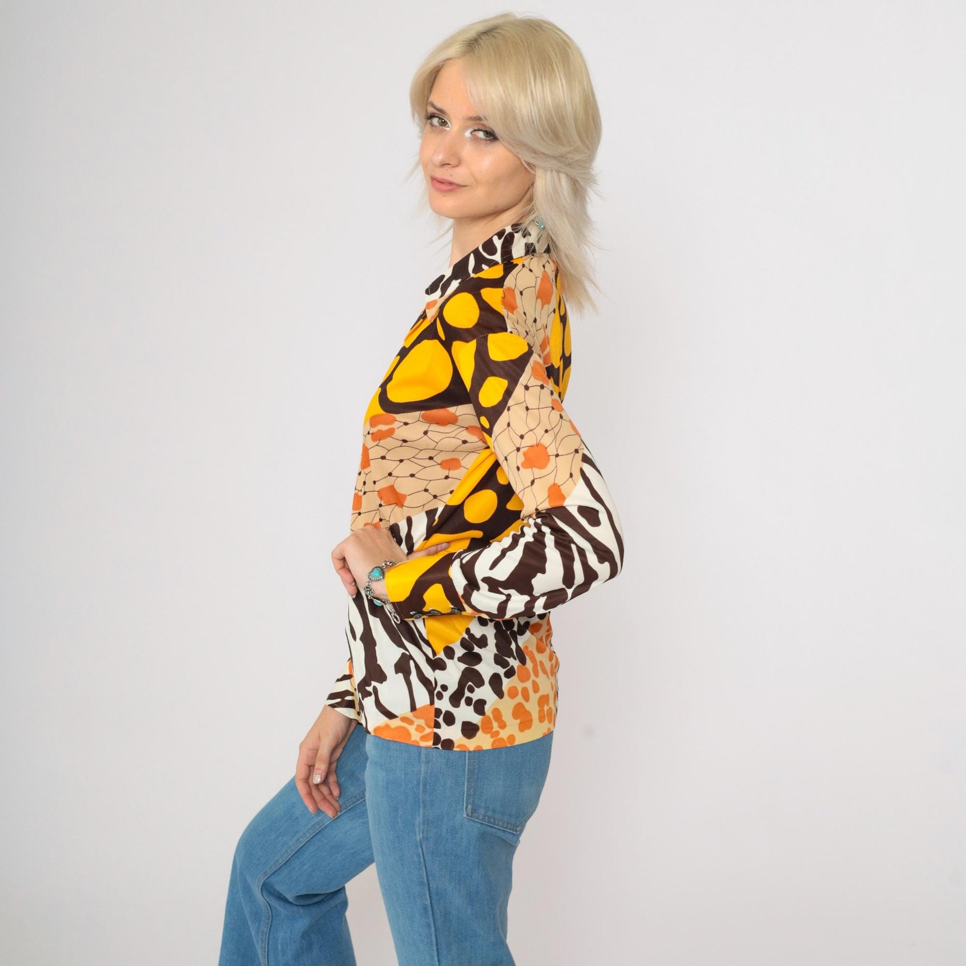 70s Mixed Animal Print Blouse Long Sleeve V-Neck Yellow Brown Small