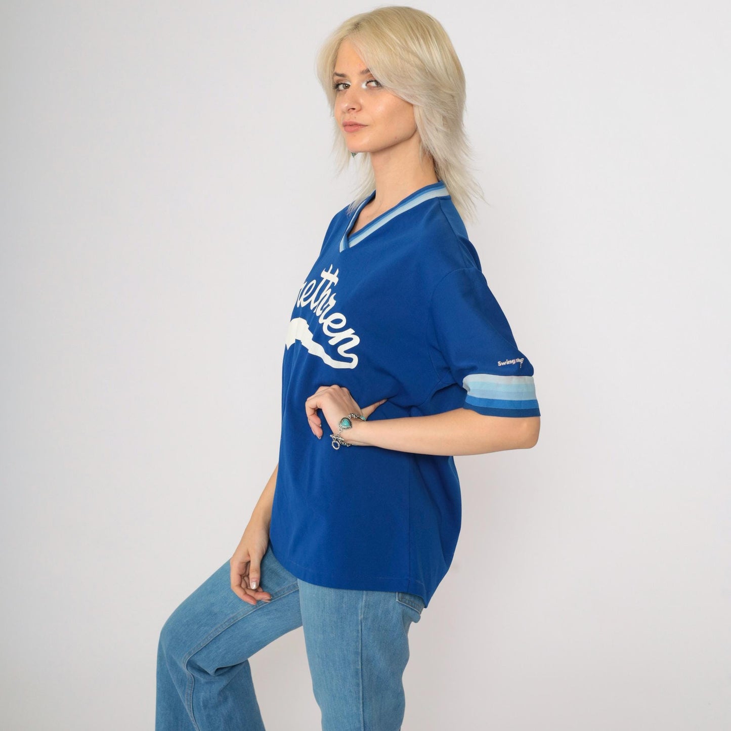 80s Swingster Brethren Baseball Jersey Royal Blue Ringer V-Neck #41 Medium