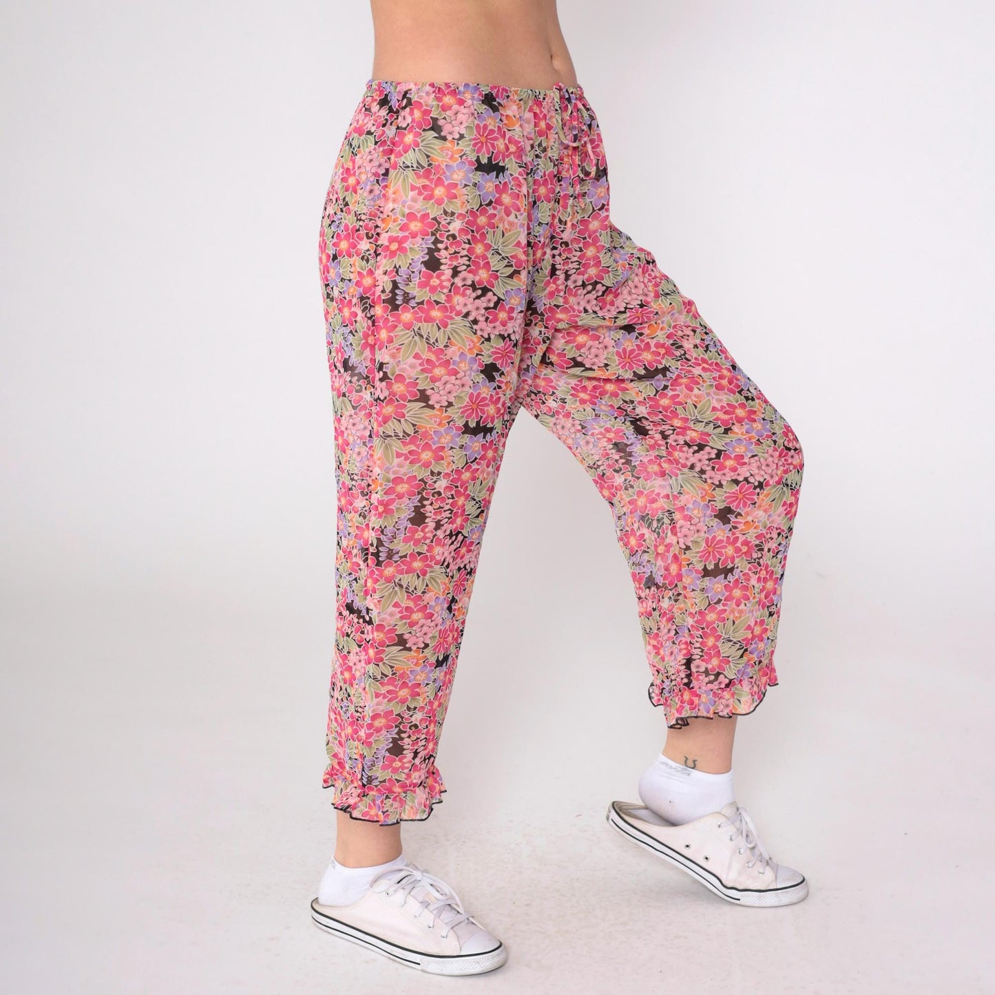 90s Sheer Floral Pink Cropped Trousers Ruffled Hem Drawstring Small