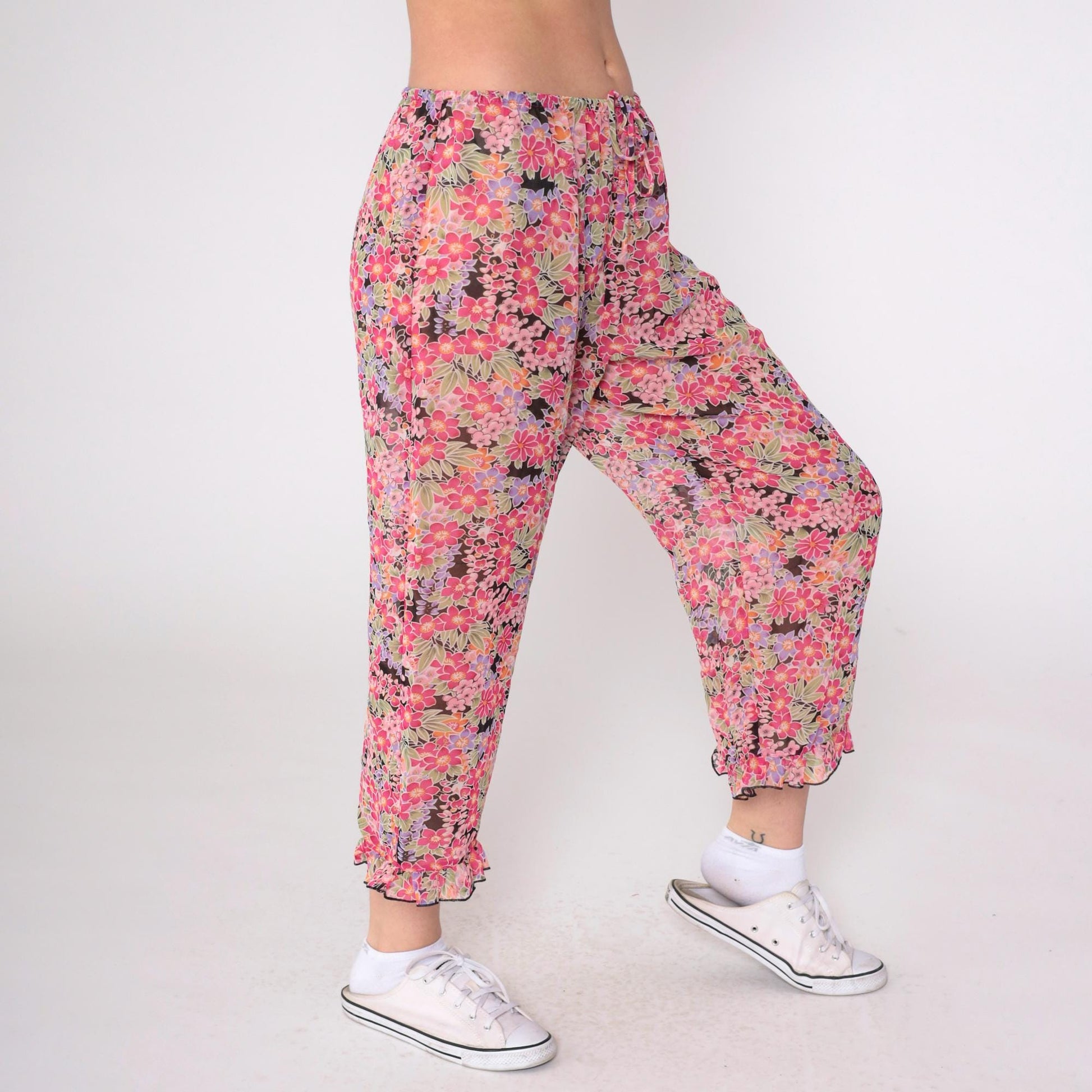 90s Sheer Floral Pink Cropped Trousers Ruffled Hem Drawstring Small
