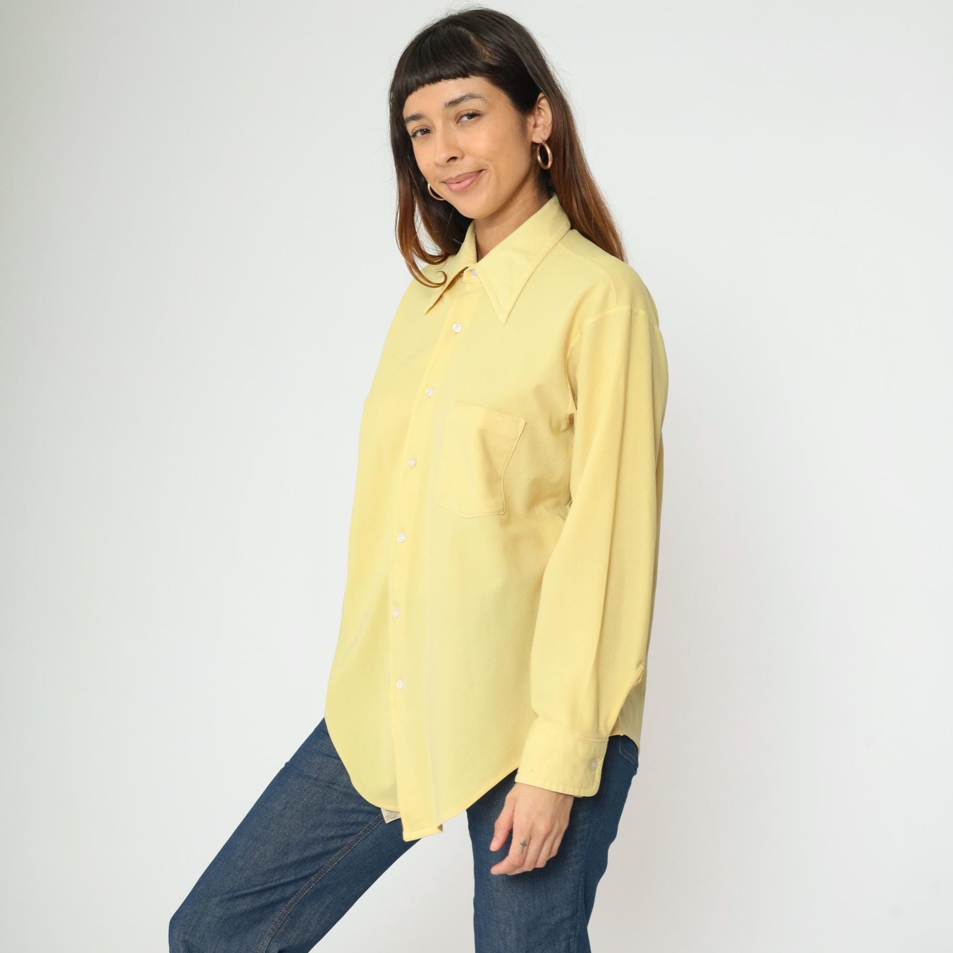70s Van Heusen Yellow Pointed Collar Button-Up Shirt Long Sleeve Large